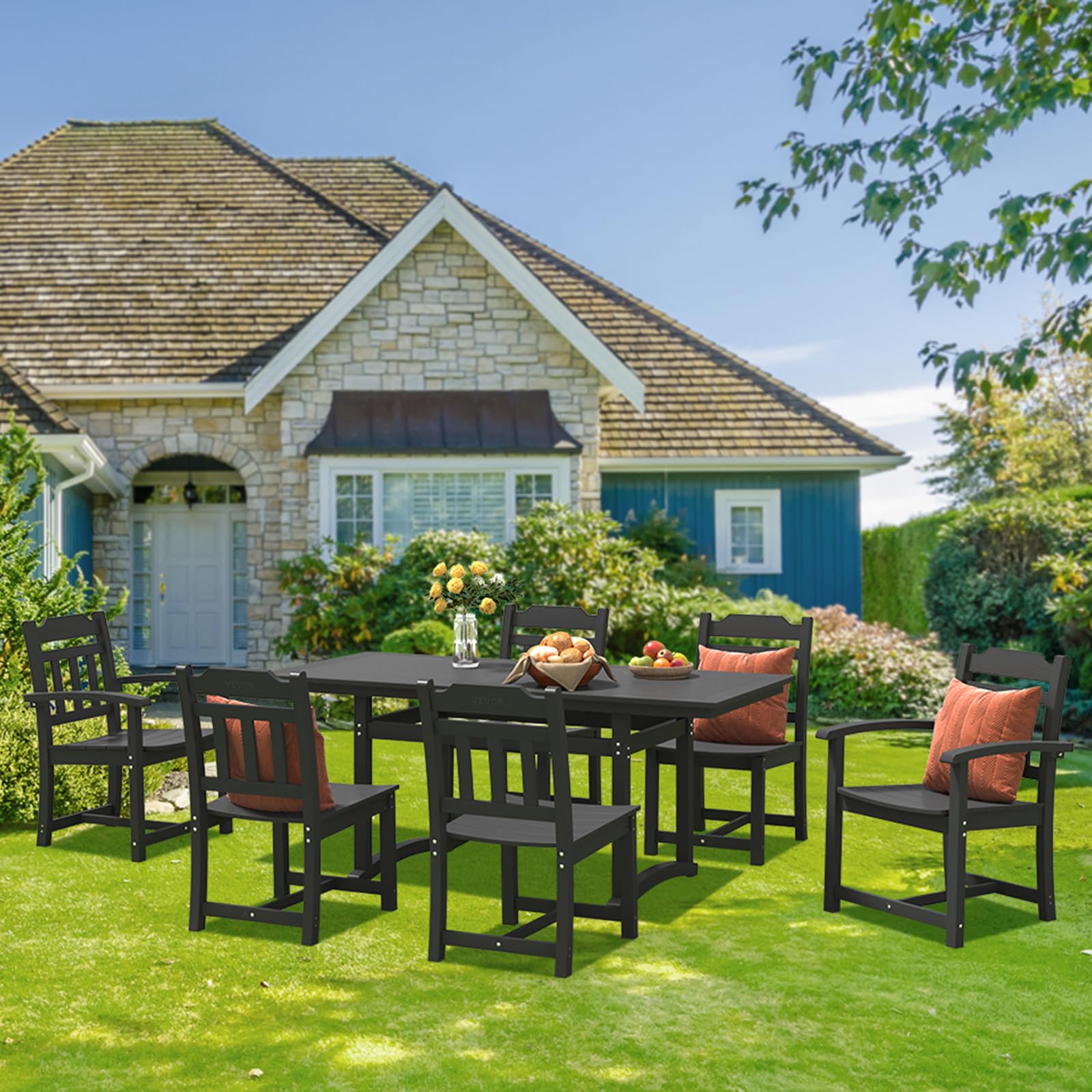 VEVOR 7 Pieces Patio Dining Set, Outdoor Rectangle Furniture Table and Chairs Set, All Weather Garden Furniture Table Sets, HIPS Patio Conversation Set, for Lawn, Deck, Backyard, Poolside - Image 9