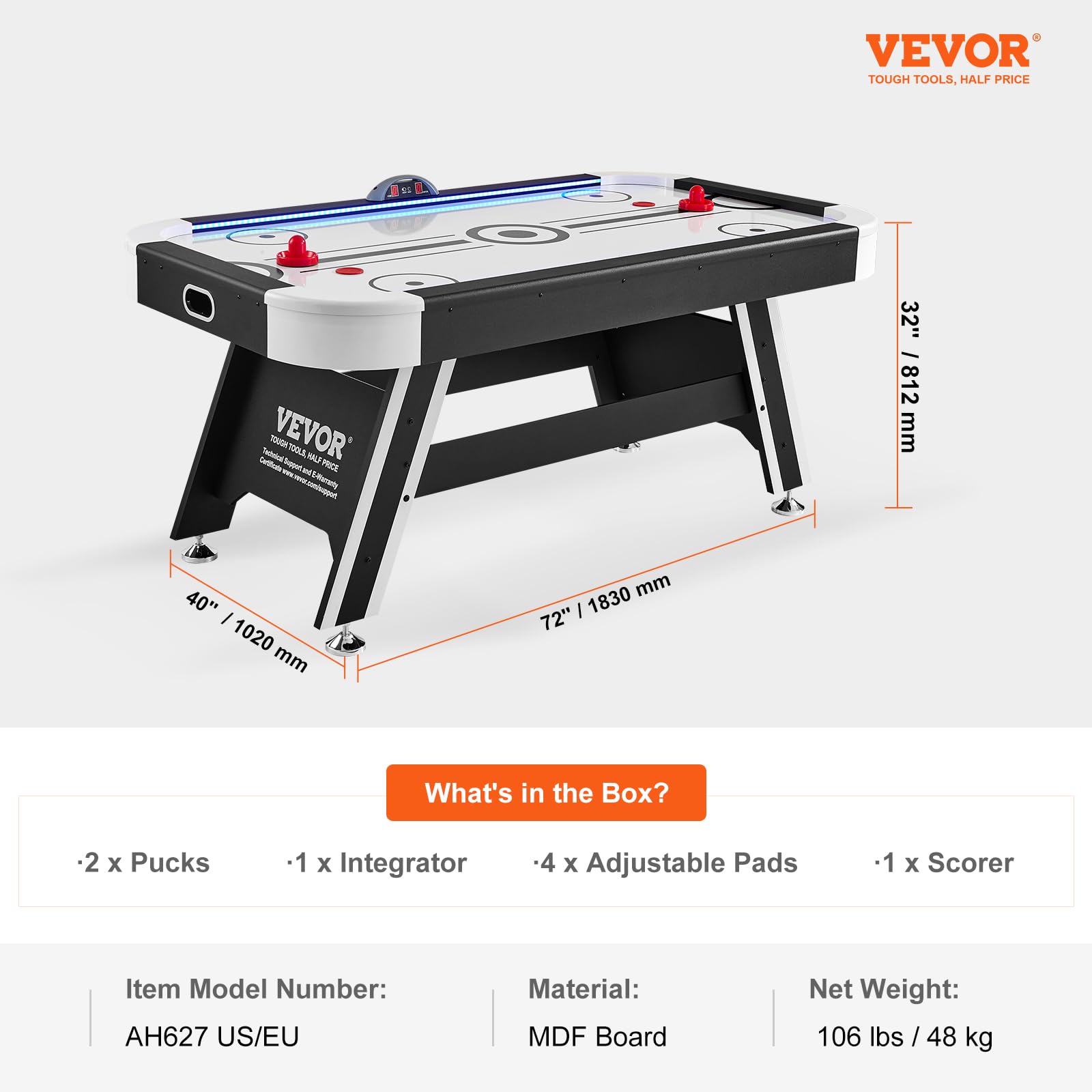 VEVOR 72" & 89" Air Hockey Tables w/LED Scoreboard, 88" 3-in-1 Multi-Game Table (Hockey/Billiards/Ping Pong) - Includes Pucks, Pushers & All Accessories for Game Room & Family | for Adult, Children, Elder - Image 7