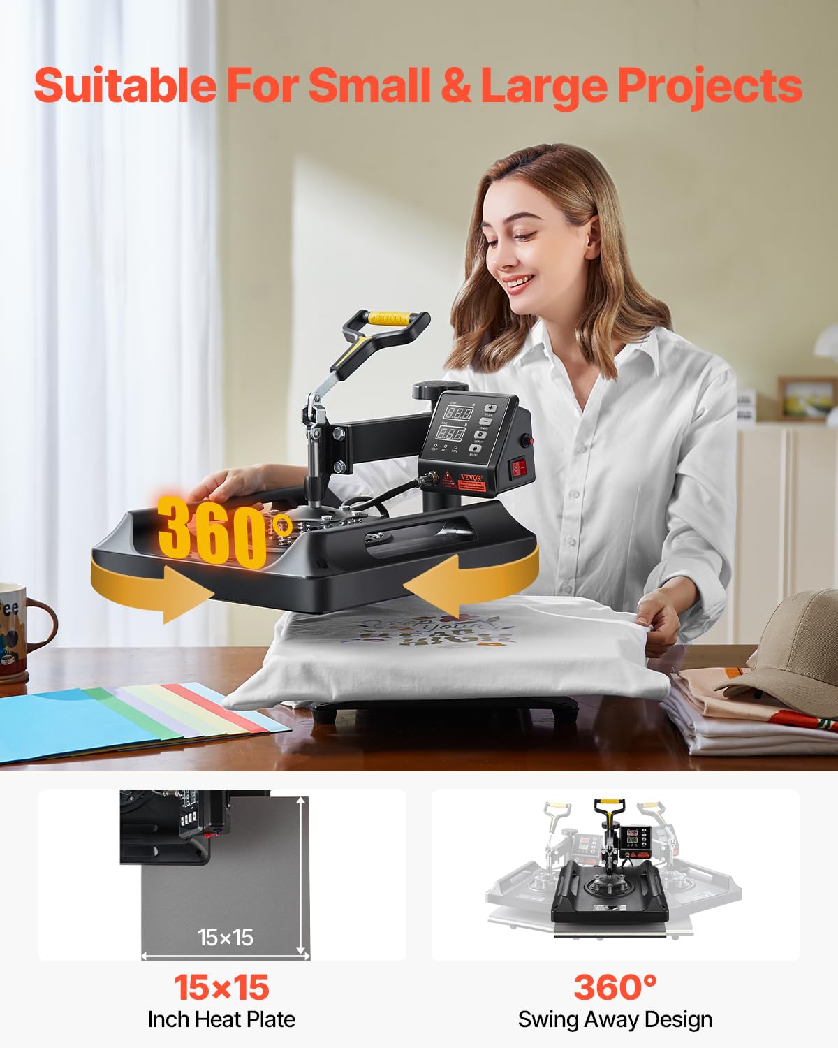 VEVOR 8 in 1 Heat Press Machine 15x15 Inch, 360° Swing Away Tshirt Press, Digital Professional Sublimation Heat Transfer for T Shirts Hat Cap Mug Plate - Image 6