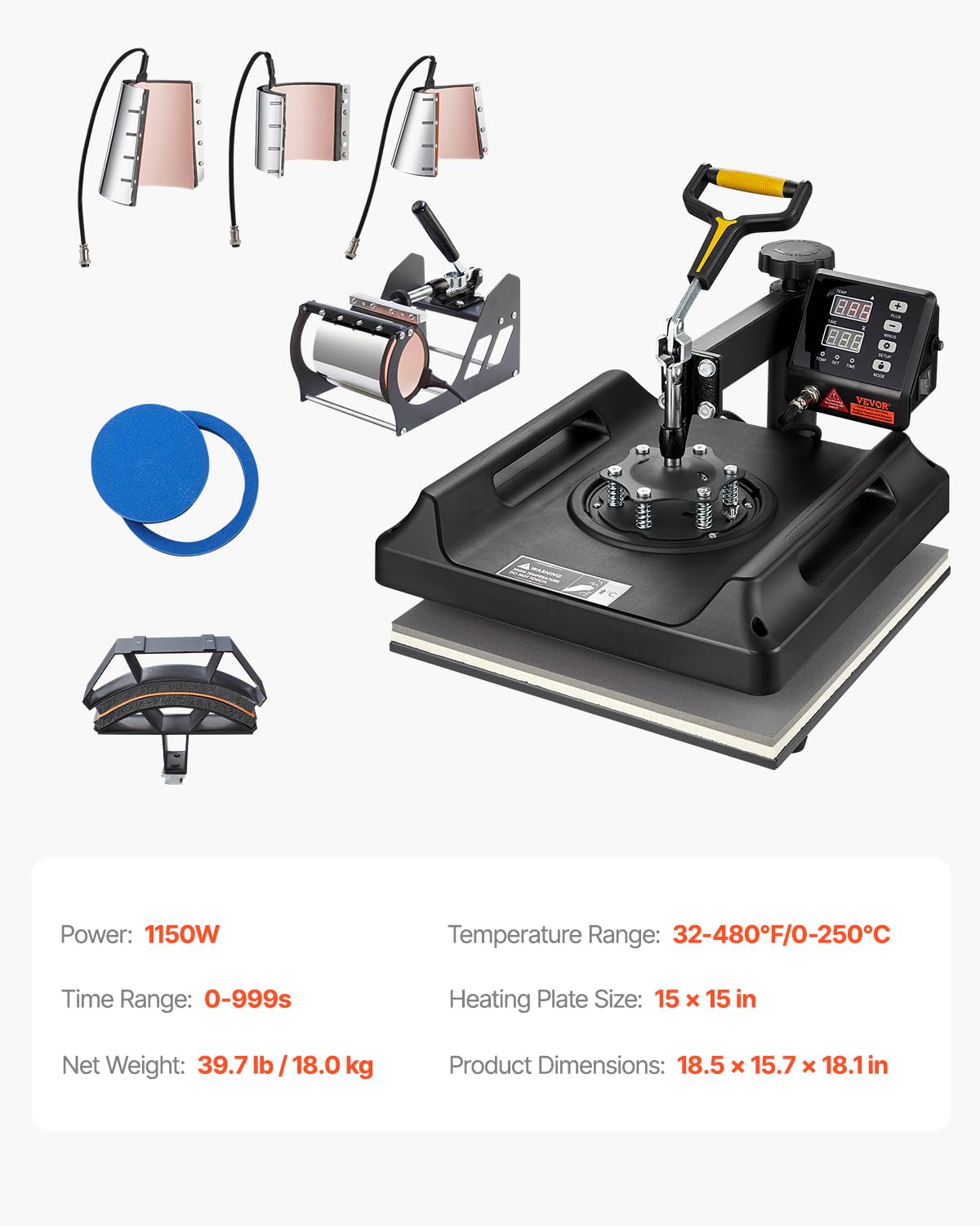 VEVOR 8 in 1 Heat Press Machine 15x15 Inch, 360° Swing Away Tshirt Press, Digital Professional Sublimation Heat Transfer for T Shirts Hat Cap Mug Plate - Image 8