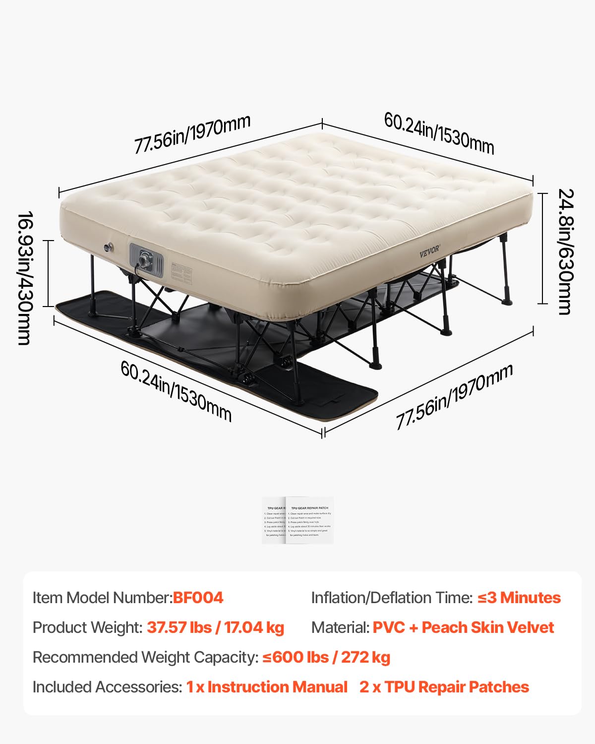 VEVOR Air Mattress with Frame, Inflatable 2 Person Camping Cot with Built-in Pump, Portable Folding Air Beds Supports 600 lbs, Blow Up Bed for Guests Camping Travel Indoor & Outdoor Use - Image 7