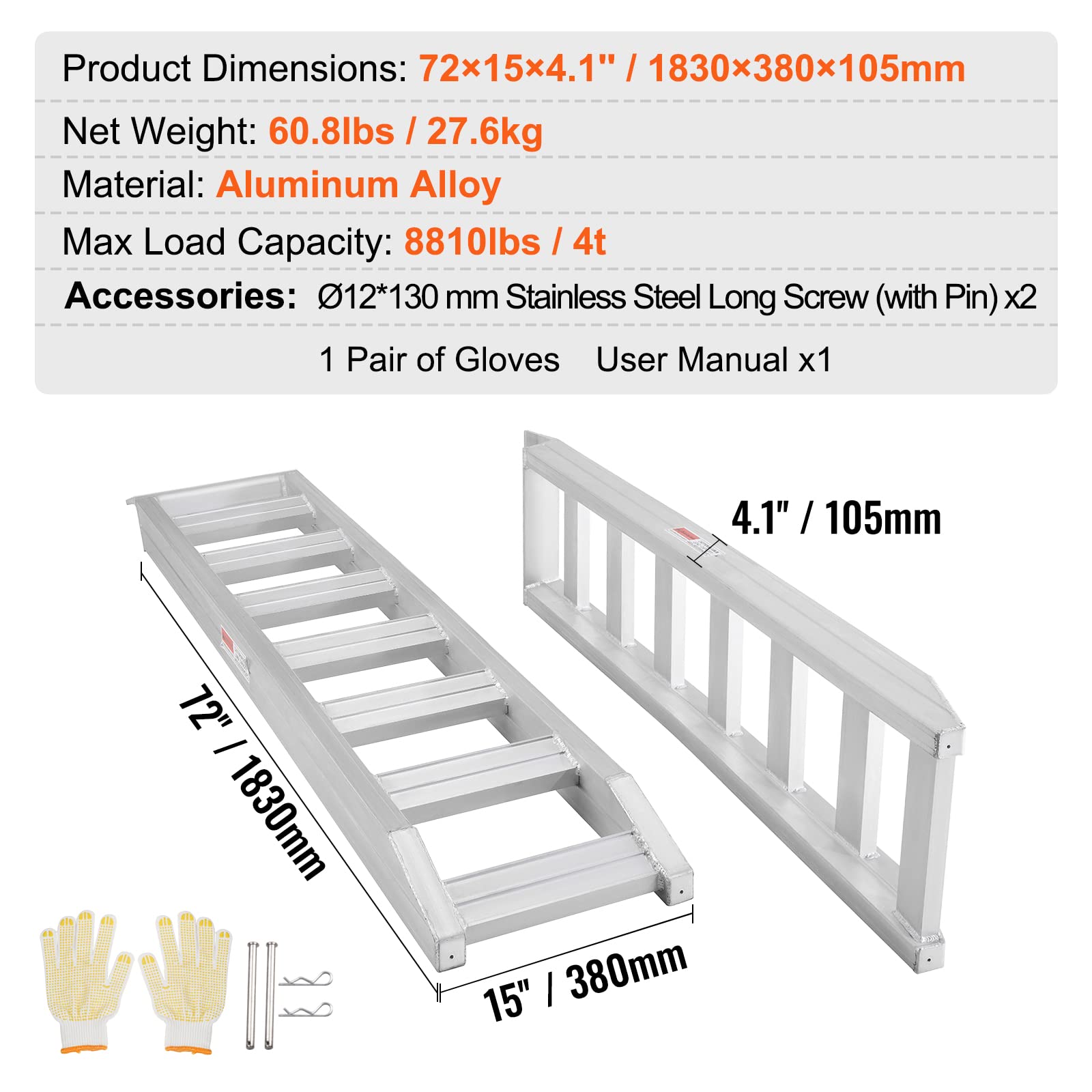 VEVOR Aluminum Ramps, 8810 lbs, Heavy-Duty Ramps with Top Hook Attaching End, Universal Loading Ramp for Motorcycle, Tractor, ATV/UTV, Trucks, Lawn Mower, 72" L x 15" W, 2Pcs - Image 5
