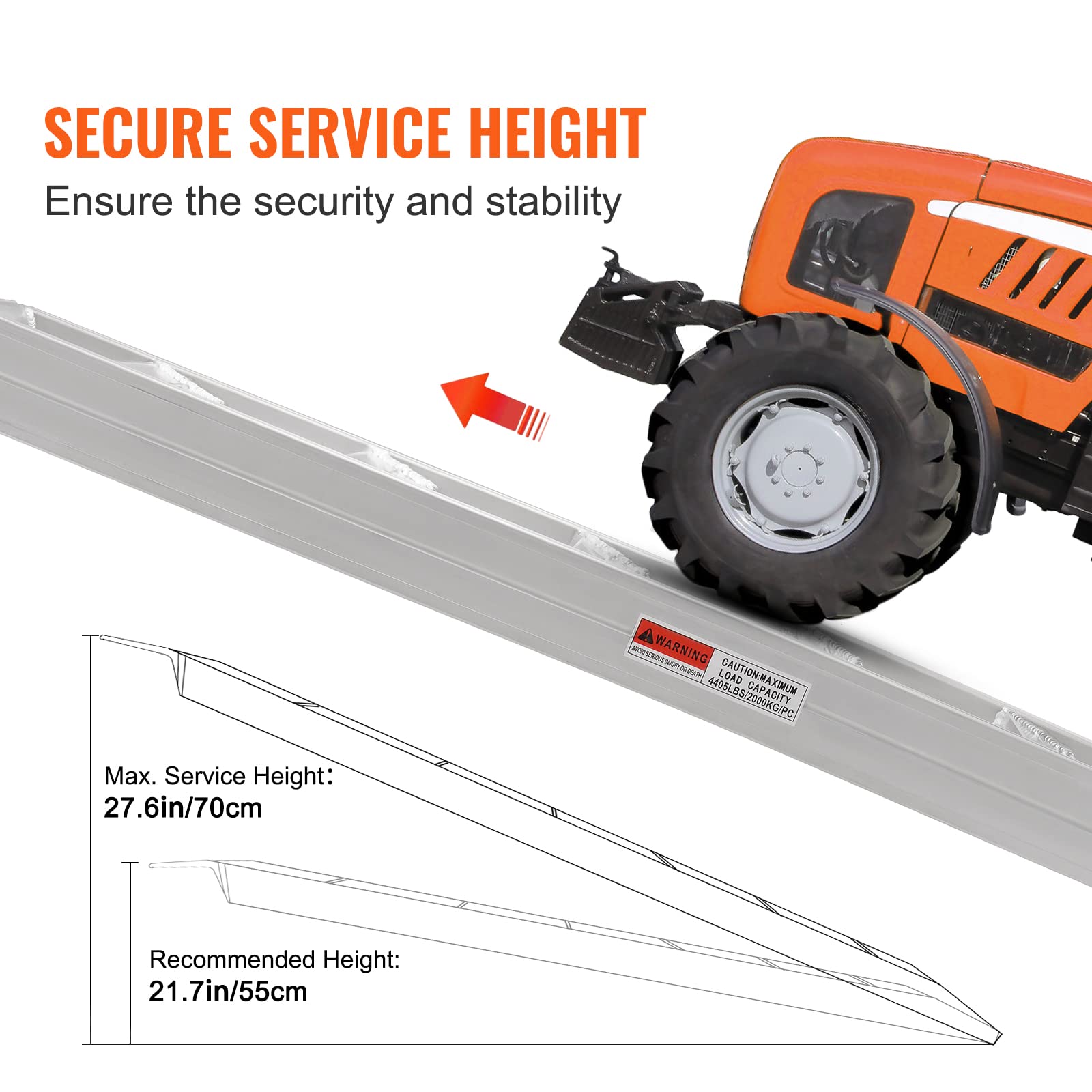 VEVOR Aluminum Ramps, 8810 lbs, Heavy-Duty Ramps with Top Hook Attaching End, Universal Loading Ramp for Motorcycle, Tractor, ATV/UTV, Trucks, Lawn Mower, 72" L x 15" W, 2Pcs - Image 8