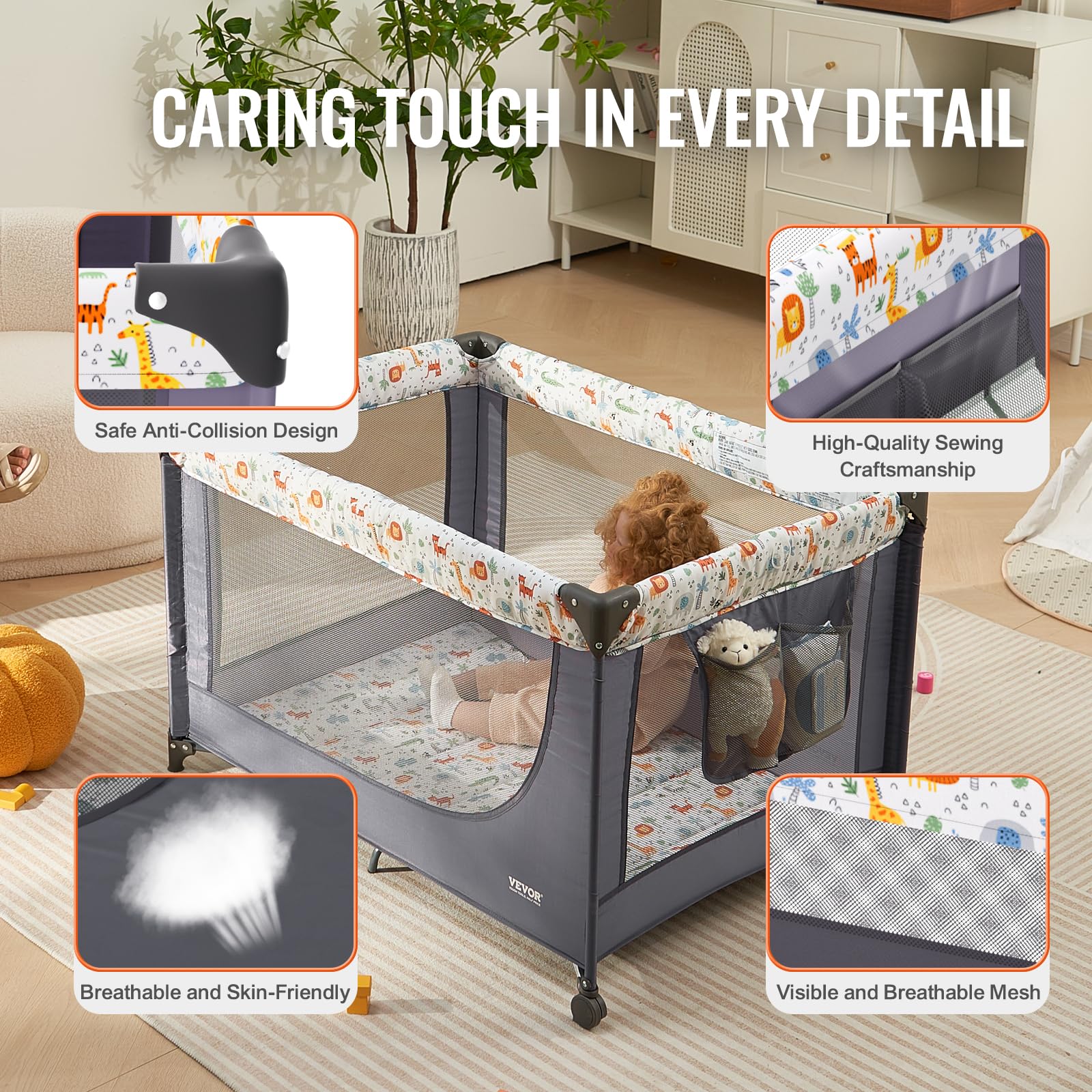 VEVOR Baby Travel Crib and Play Yard, Folding Baby Playpen with Soft Mattress Pad, Portable Toddlers Crib with Breathable Mesh and Travel Bag, Indoor/Outdoor Kid Activity Center for 0-36 Months Babies - Image 5