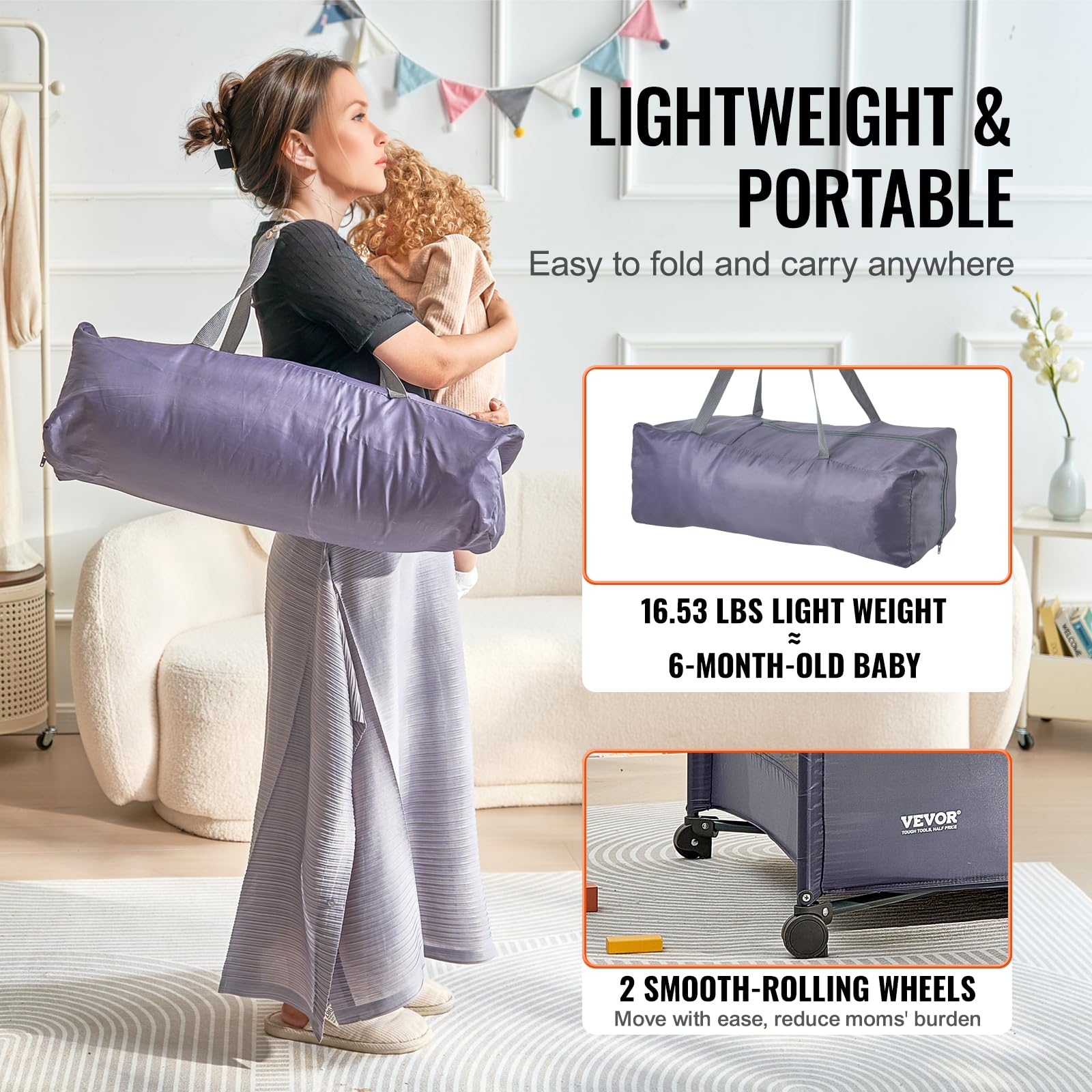 VEVOR Baby Travel Crib and Play Yard, Folding Baby Playpen with Soft Mattress Pad, Portable Toddlers Crib with Breathable Mesh and Travel Bag, Indoor/Outdoor Kid Activity Center for 0-36 Months Babies - Image 6