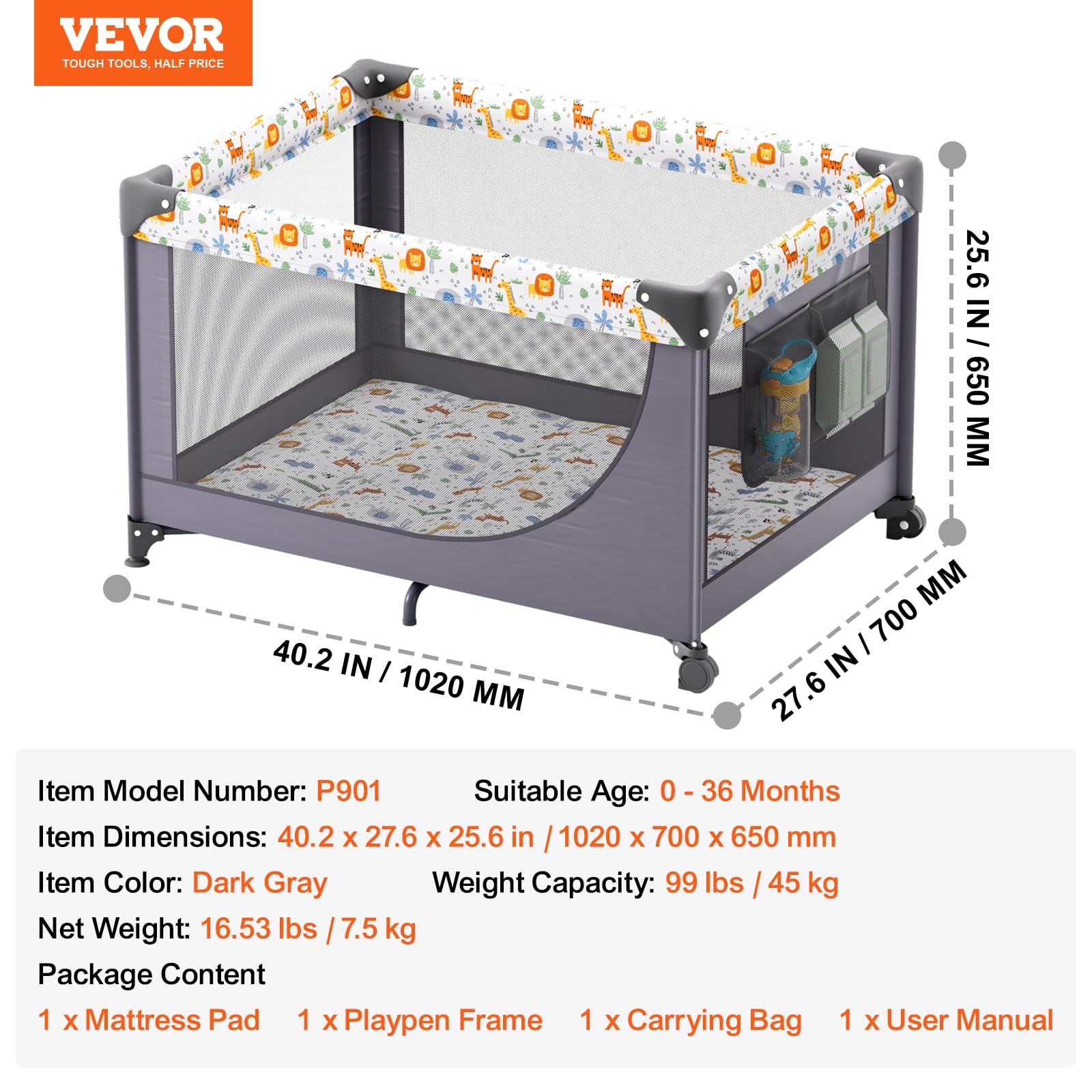 VEVOR Baby Travel Crib and Play Yard, Folding Baby Playpen with Soft Mattress Pad, Portable Toddlers Crib with Breathable Mesh and Travel Bag, Indoor/Outdoor Kid Activity Center for 0-36 Months Babies - Image 7