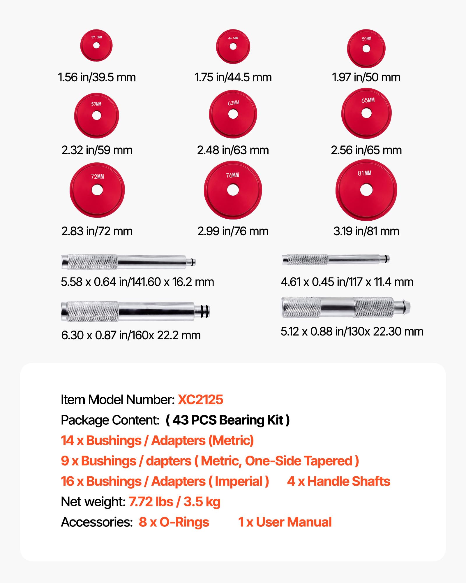 VEVOR Bearing Press Kit, 43 Pcs, Bearing Race and Seal Driver Set with 39 Bushings & Handle Shafts, Bushing Driver Tool Set, Heavy Duty Aluminum Alloy Removal Installation Tool Kit with Storage Case - Image 7
