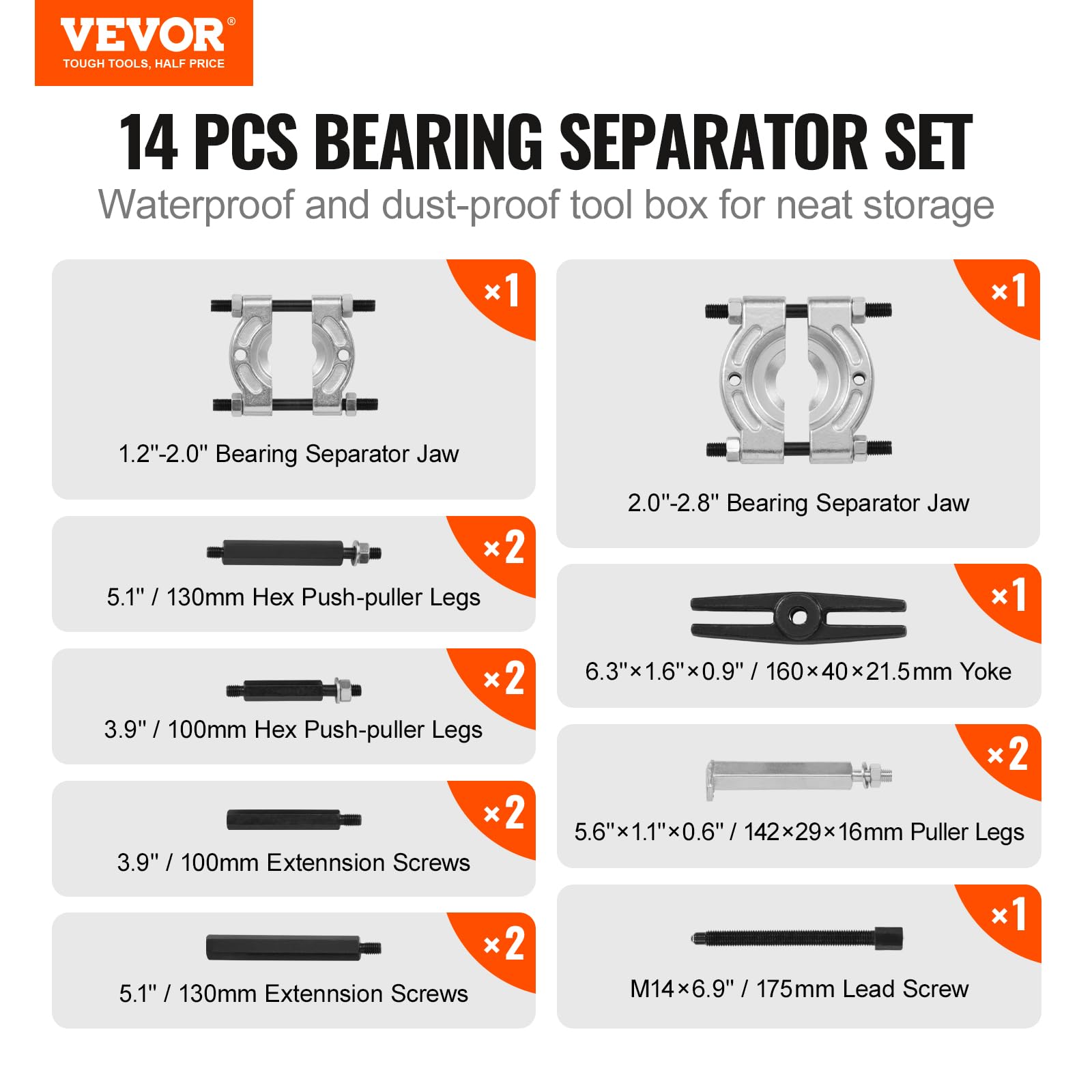 VEVOR Bearing Puller Kit 14-Piece, 5 Ton Bearing Separator, Pinion Wheel Bearing Removal Kit with 2" and 3" Jaws, Bearing Separator and Puller Set, Heavy Duty Bearing Splitter Tool Kit with Case - Image 7
