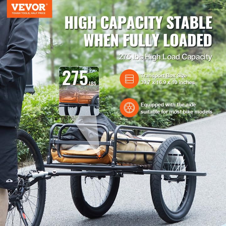 VEVOR Bike Cargo Trailer, 70/275 lbs Load Capacity, Foldable Compact Storage & Quick Release with Universal Hitch, 20" Wheels, Fits Most Bike Wheels, Carbon Steel Frame, Heavy-Duty Bicycle Wagon Cart - Image 3