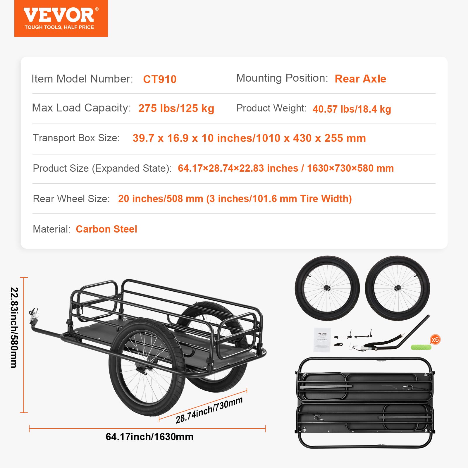 VEVOR Bike Cargo Trailer, 70/275 lbs Load Capacity, Foldable Compact Storage & Quick Release with Universal Hitch, 20" Wheels, Fits Most Bike Wheels, Carbon Steel Frame, Heavy-Duty Bicycle Wagon Cart - Image 7