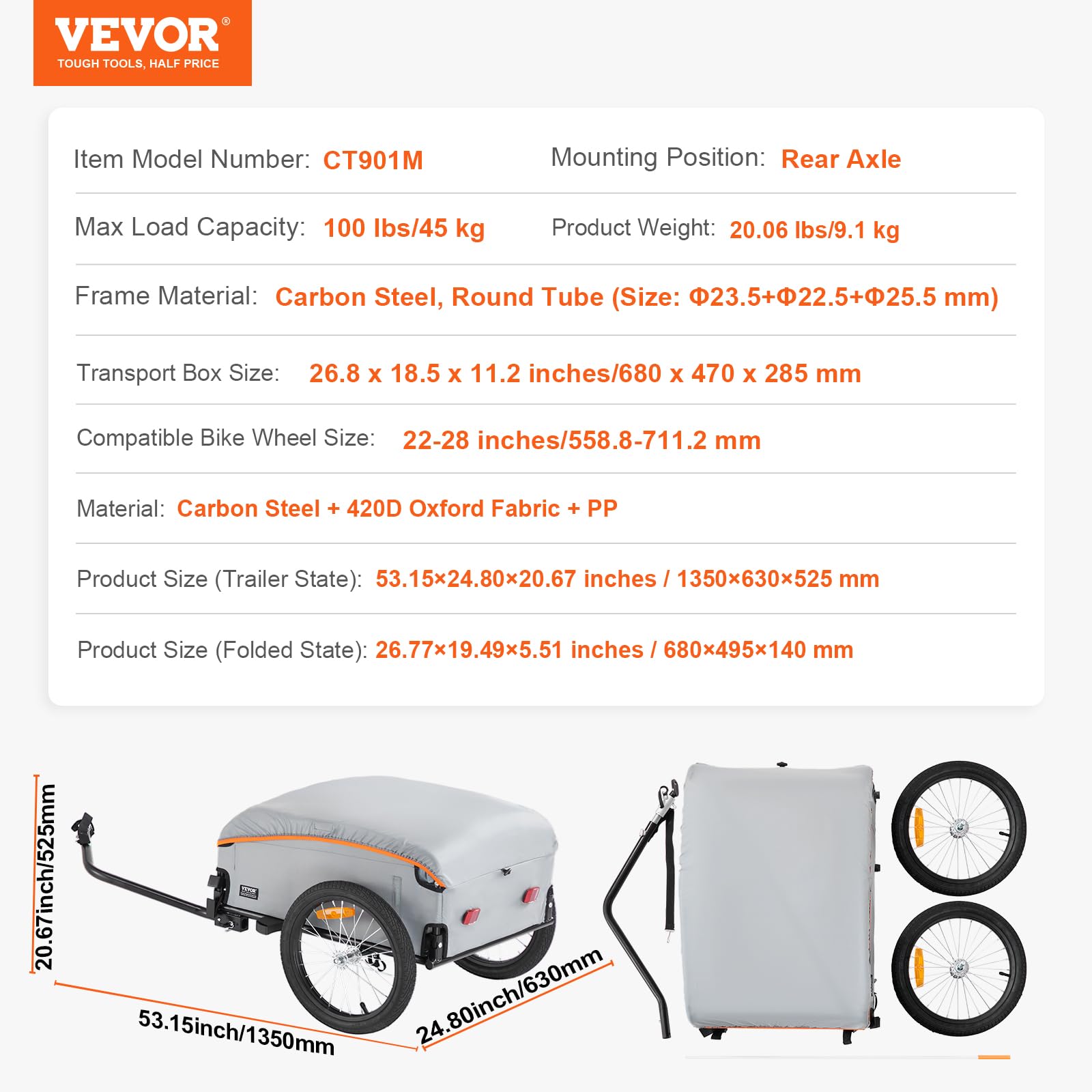 VEVOR Bike Cargo Trailer, 88/100/160 lbs Load Capacity, Heavy-Duty Bicycle Wagon Cart, Foldable Compact Storage with Universal Hitch - Image 7