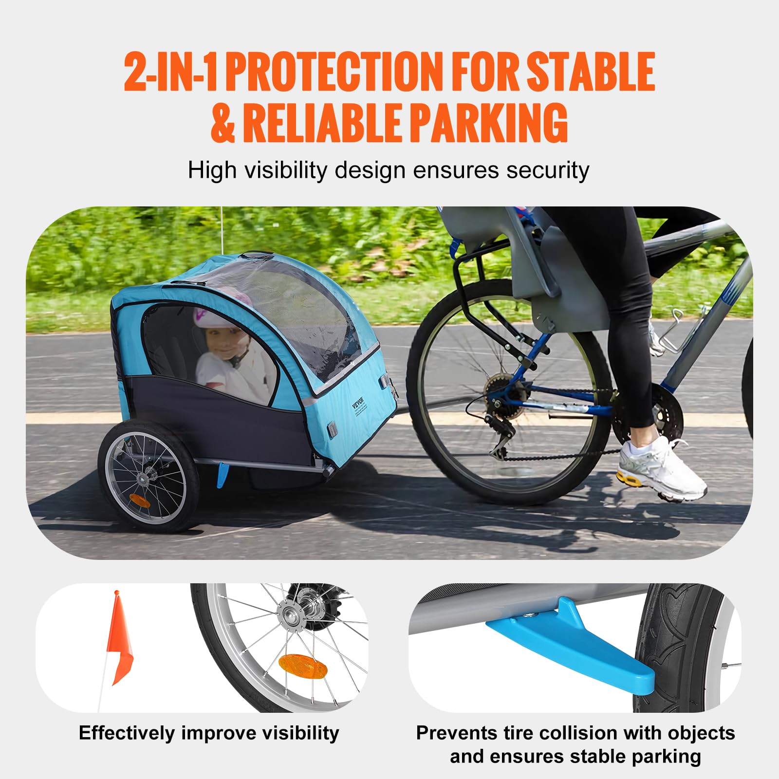 VEVOR Bike Trailer for Toddlers Kids, Single & Double Seat Options, 2-in-1 Canopy Carrier with Strong Frame Converts to Stroller, Tow Behind Foldable Child Bicycle Trailer with Universal Coupler - Image 3