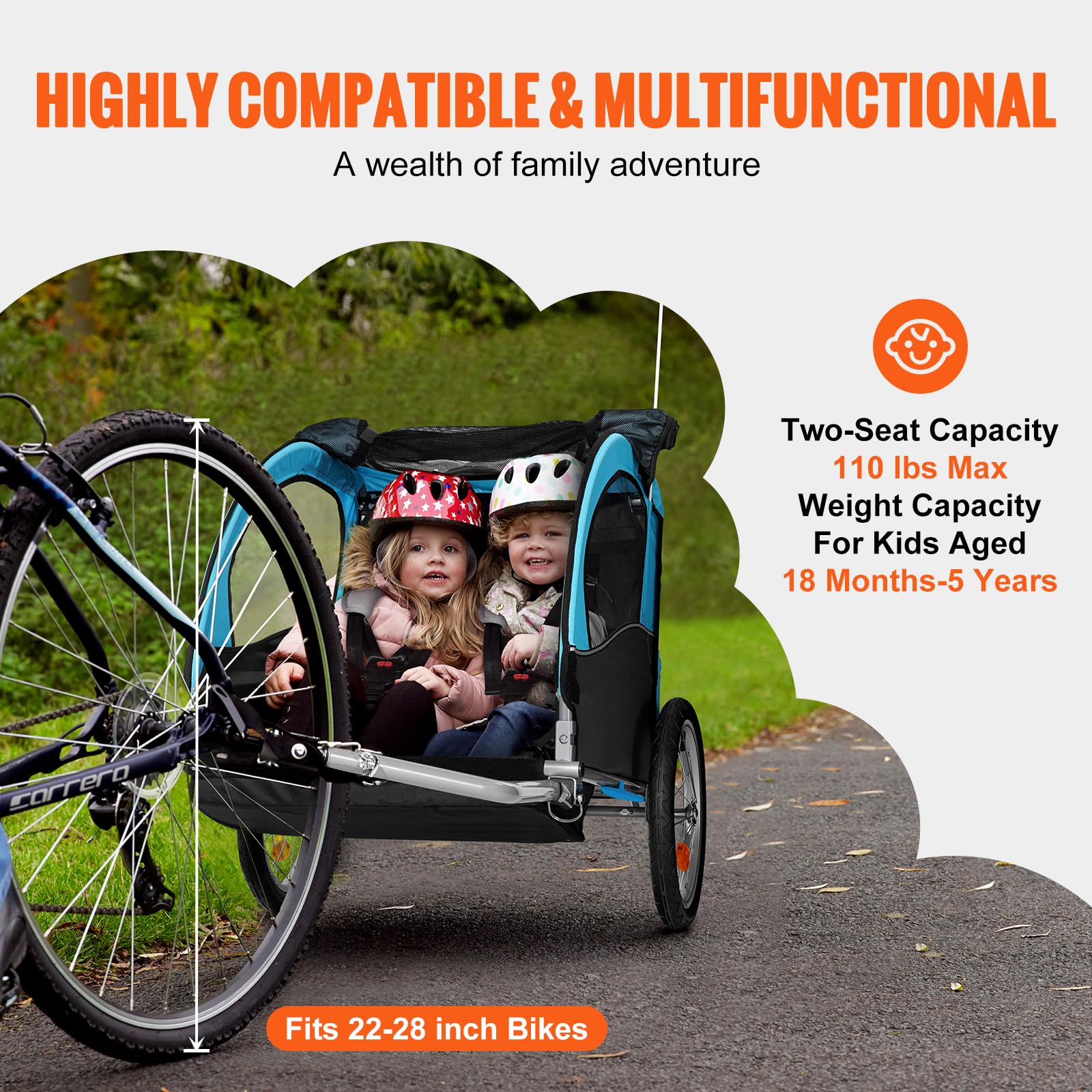 VEVOR Bike Trailer for Toddlers Kids, Single & Double Seat Options, 2-in-1 Canopy Carrier with Strong Frame Converts to Stroller, Tow Behind Foldable Child Bicycle Trailer with Universal Coupler - Image 5