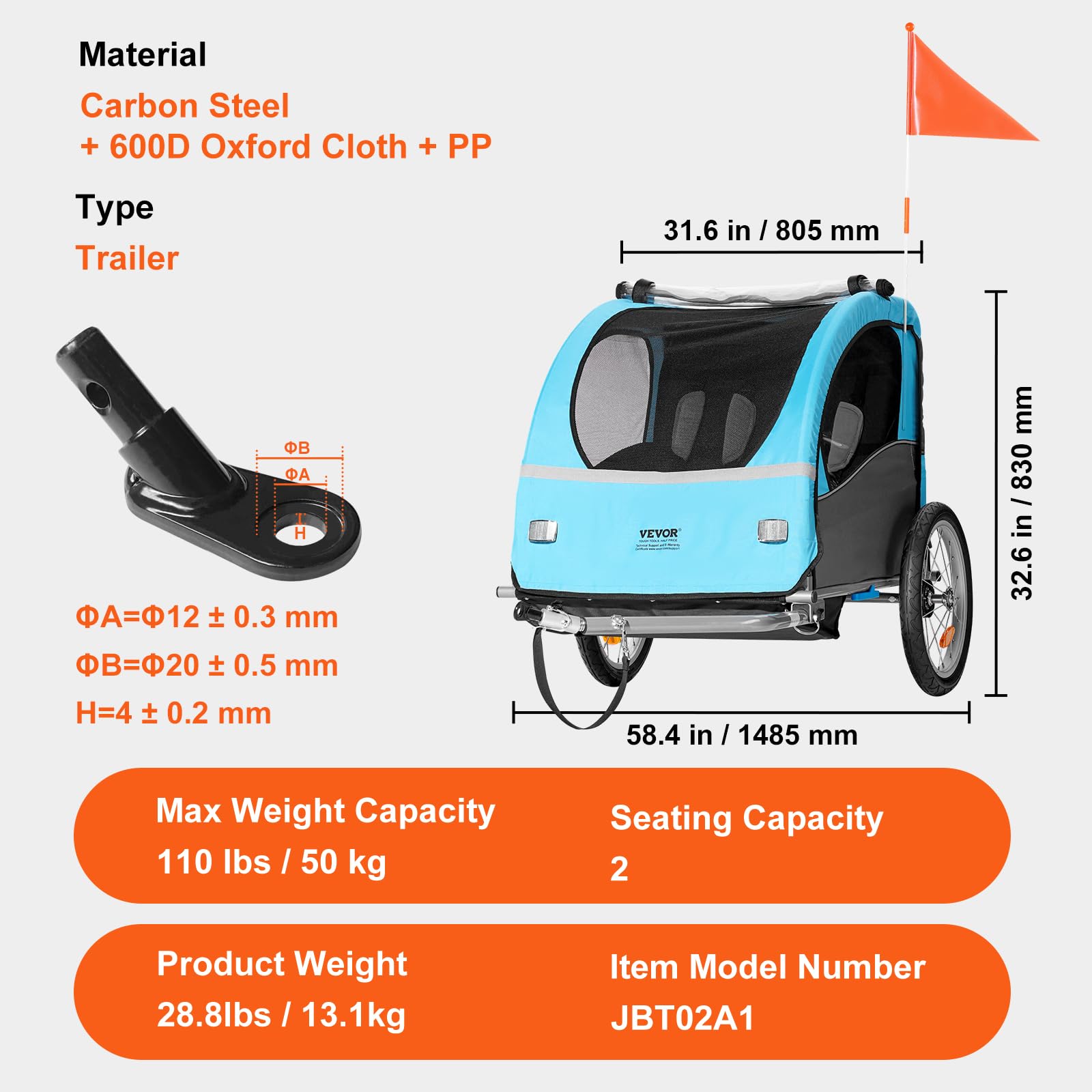 VEVOR Bike Trailer for Toddlers Kids, Single & Double Seat Options, 2-in-1 Canopy Carrier with Strong Frame Converts to Stroller, Tow Behind Foldable Child Bicycle Trailer with Universal Coupler - Image 8