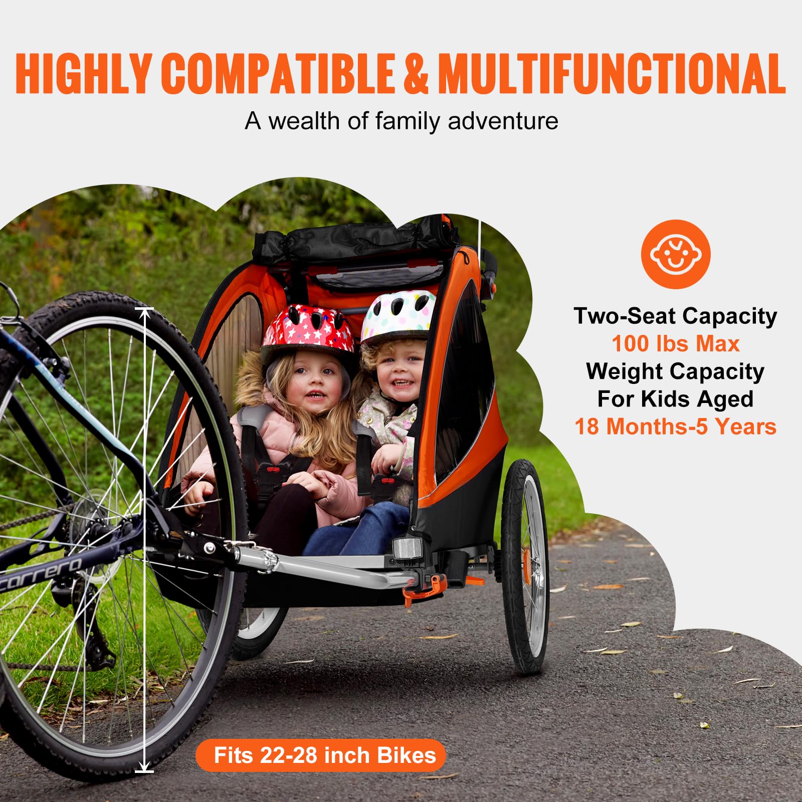 VEVOR Bike Trailer for Toddlers Kids, Single & Double Seat Options, 2-in-1 Canopy Carrier with Strong Frame Converts to Stroller, Tow Behind Foldable Child Bicycle Trailer with Universal Coupler - Image 4