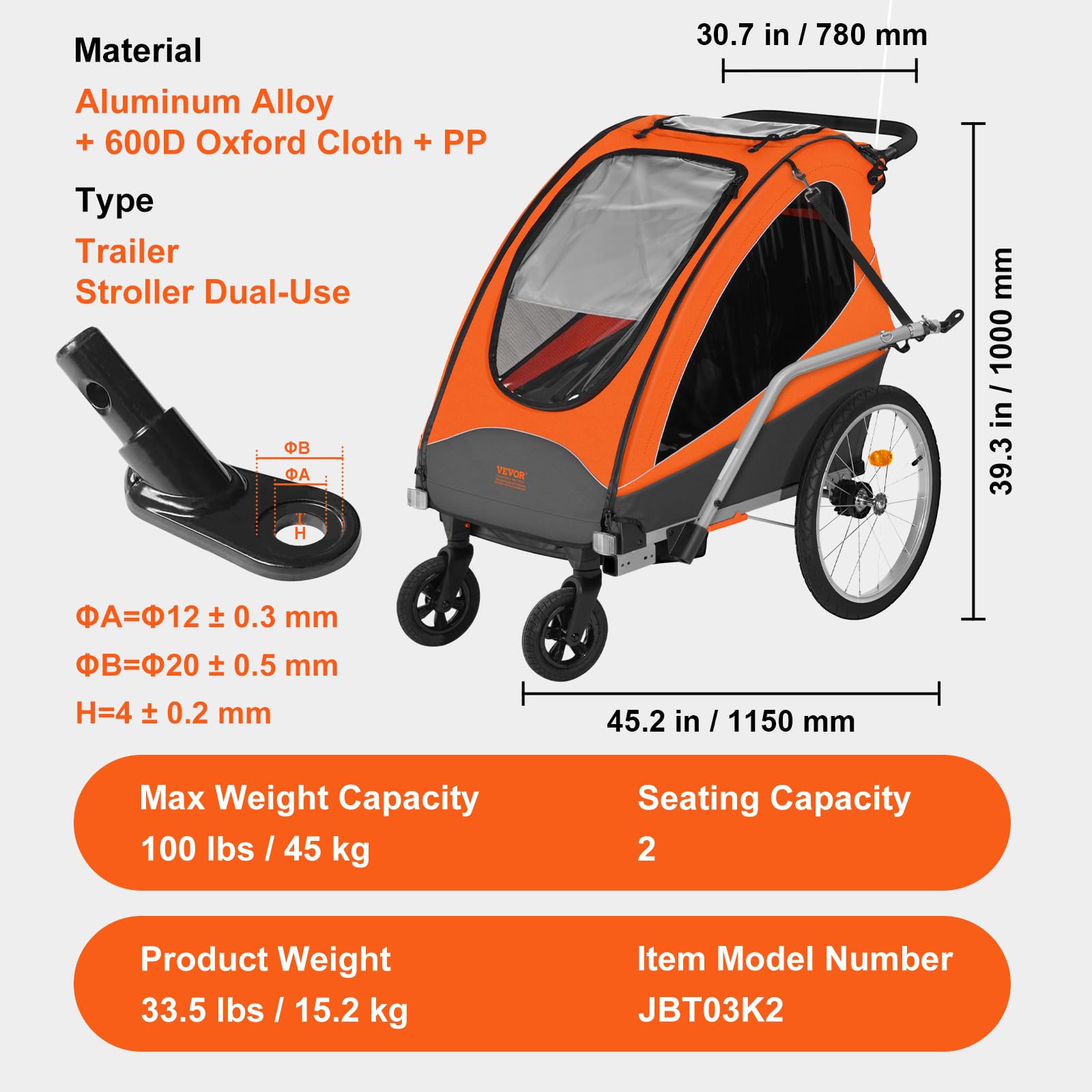 VEVOR Bike Trailer for Toddlers Kids, Single & Double Seat Options, 2-in-1 Canopy Carrier with Strong Frame Converts to Stroller, Tow Behind Foldable Child Bicycle Trailer with Universal Coupler - Image 7