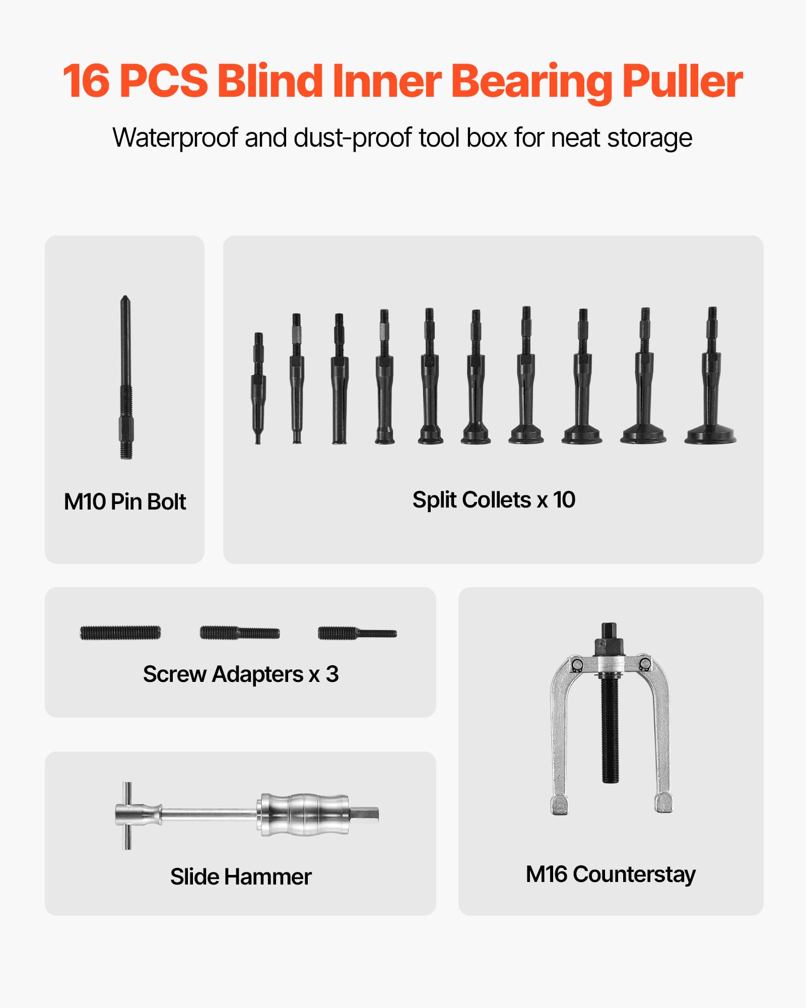 VEVOR Blind Hole Bearing Puller Set, 16-in-1 Inner Bearing Race and Seal Extractor Kit, 16 PCS Slide Hammer Pilot Insert Inner Internal Bearing Removal Tool Set with 10 Split Collets and Counterstay - Image 7