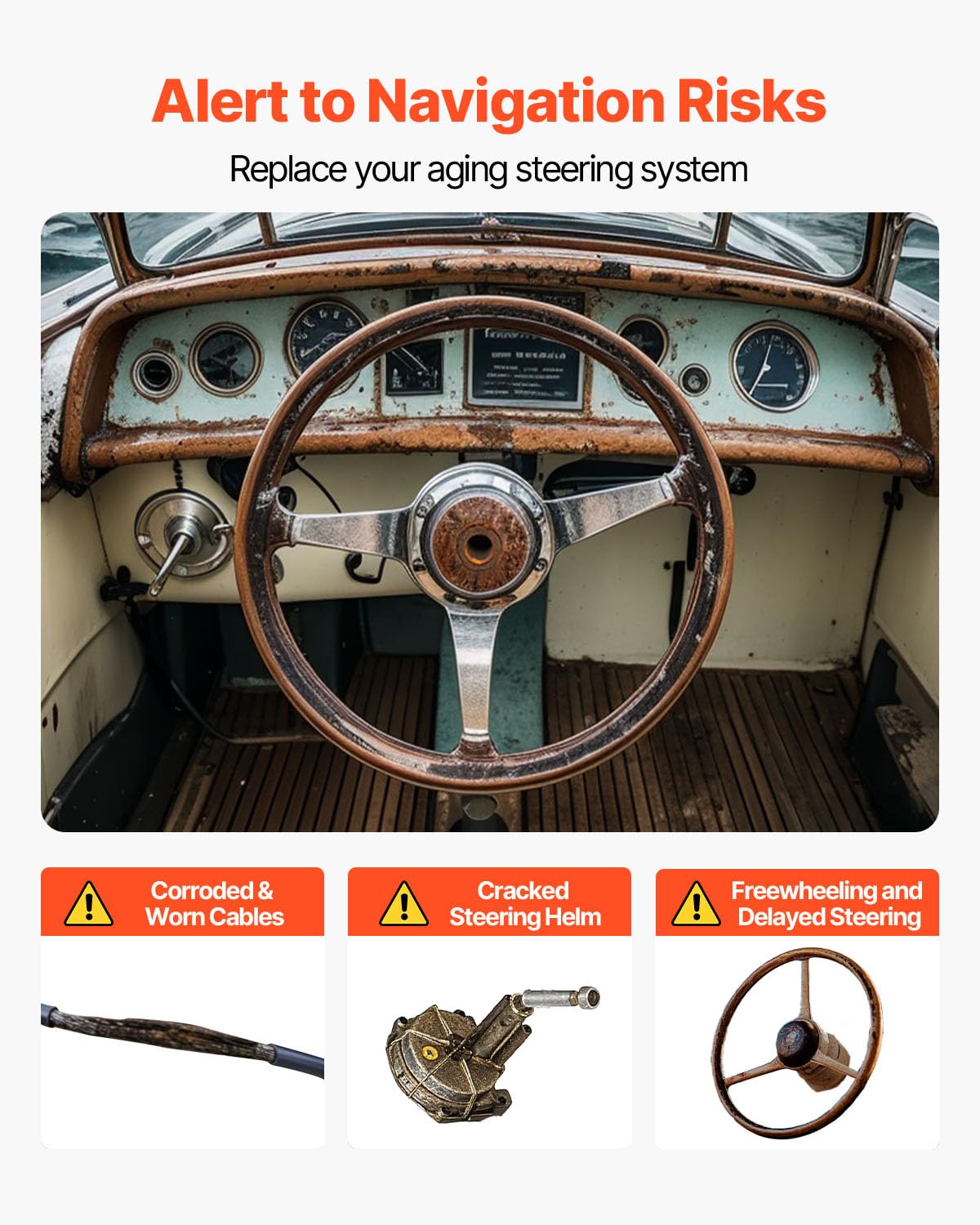 VEVOR Boat Steering System Kit, 10/11/12/13/14/15/16FT Outboard Boat Steering Control Cable, 13.5" Steering Wheel, 3/4" Tapered Shaft, Alloy Marine Steering System, for Yachts, Fishing Boats - Image 9