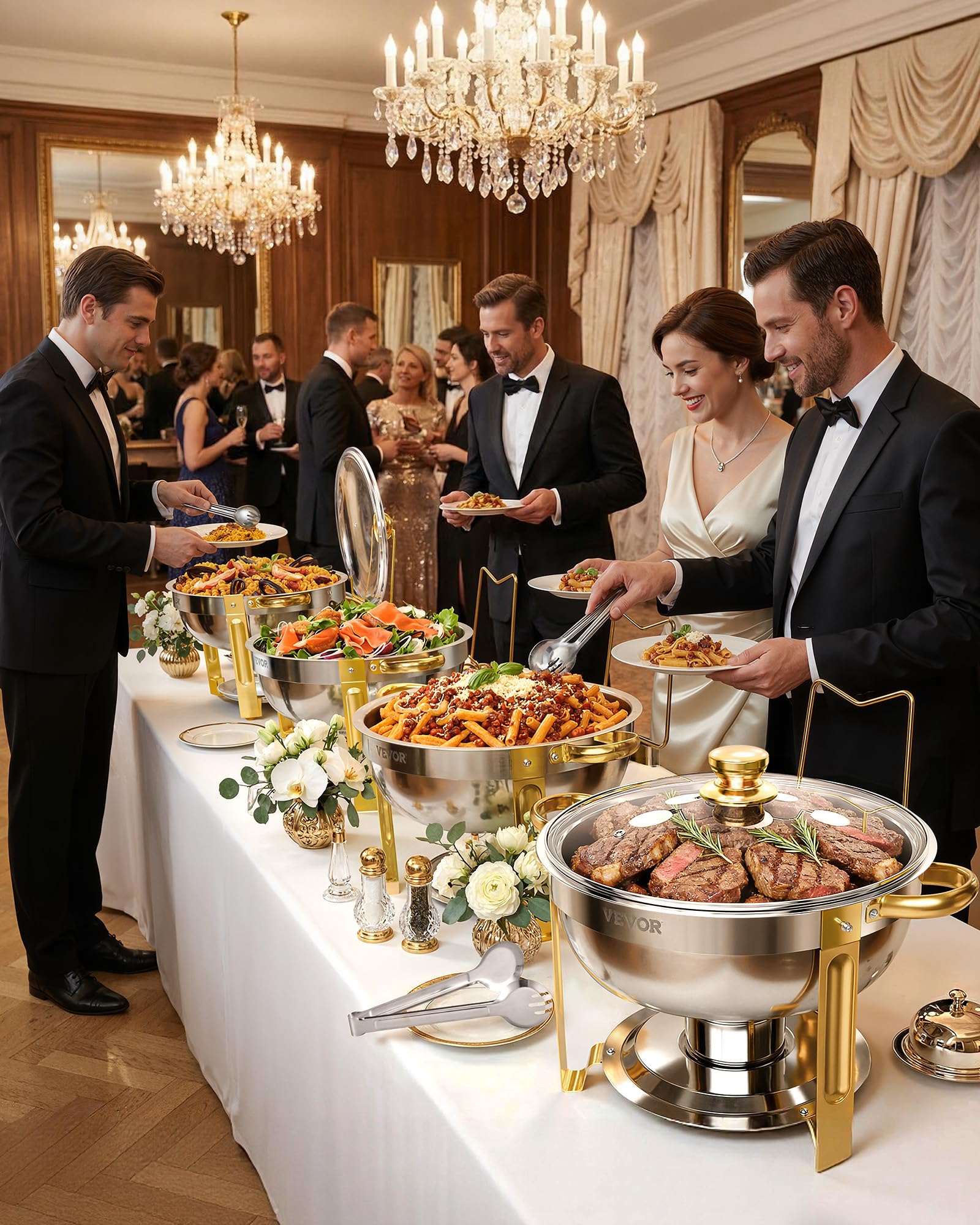 VEVOR Chafing Dish Buffet Set, 5 Qt 4 Pack, Stainless Steel Chafer with 4 Full Size Pan, Round Catering Warmer Server with Glass Lid Water Pan Folding Stand Fuel Holder, for Wedding Banquet, Gold - Image 10