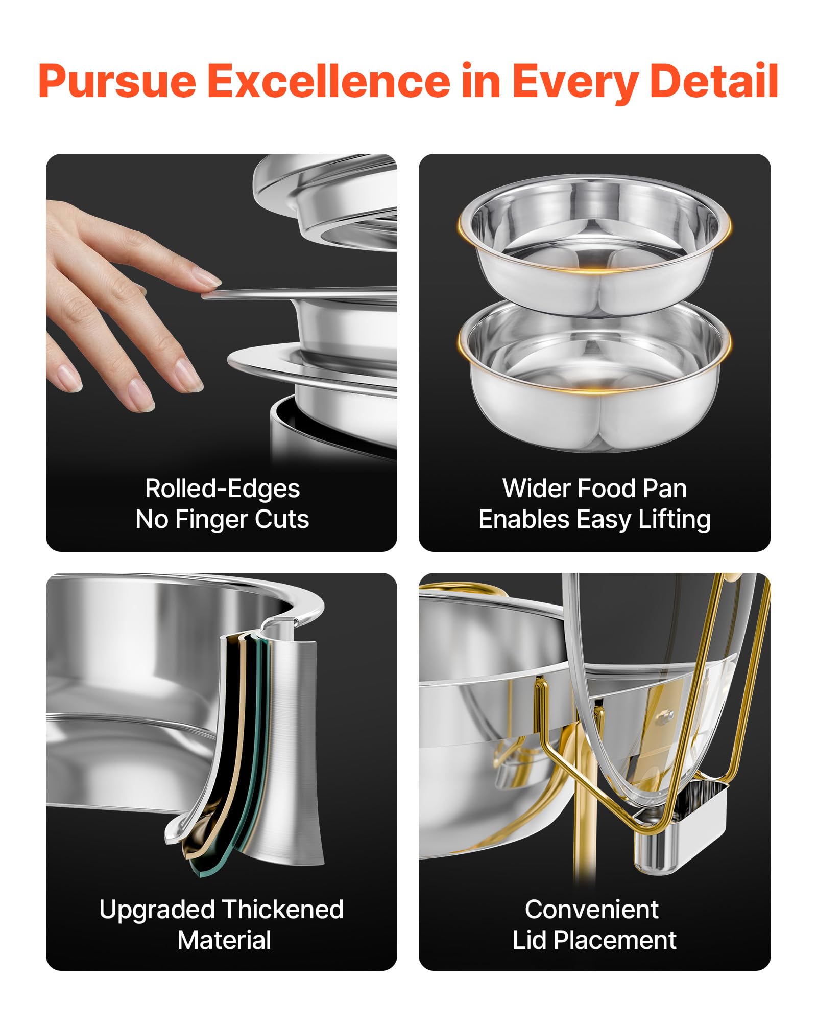 VEVOR Chafing Dish Buffet Set, 5 Qt 4 Pack, Stainless Steel Chafer with 4 Full Size Pan, Round Catering Warmer Server with Glass Lid Water Pan Folding Stand Fuel Holder, for Wedding Banquet, Gold - Image 3