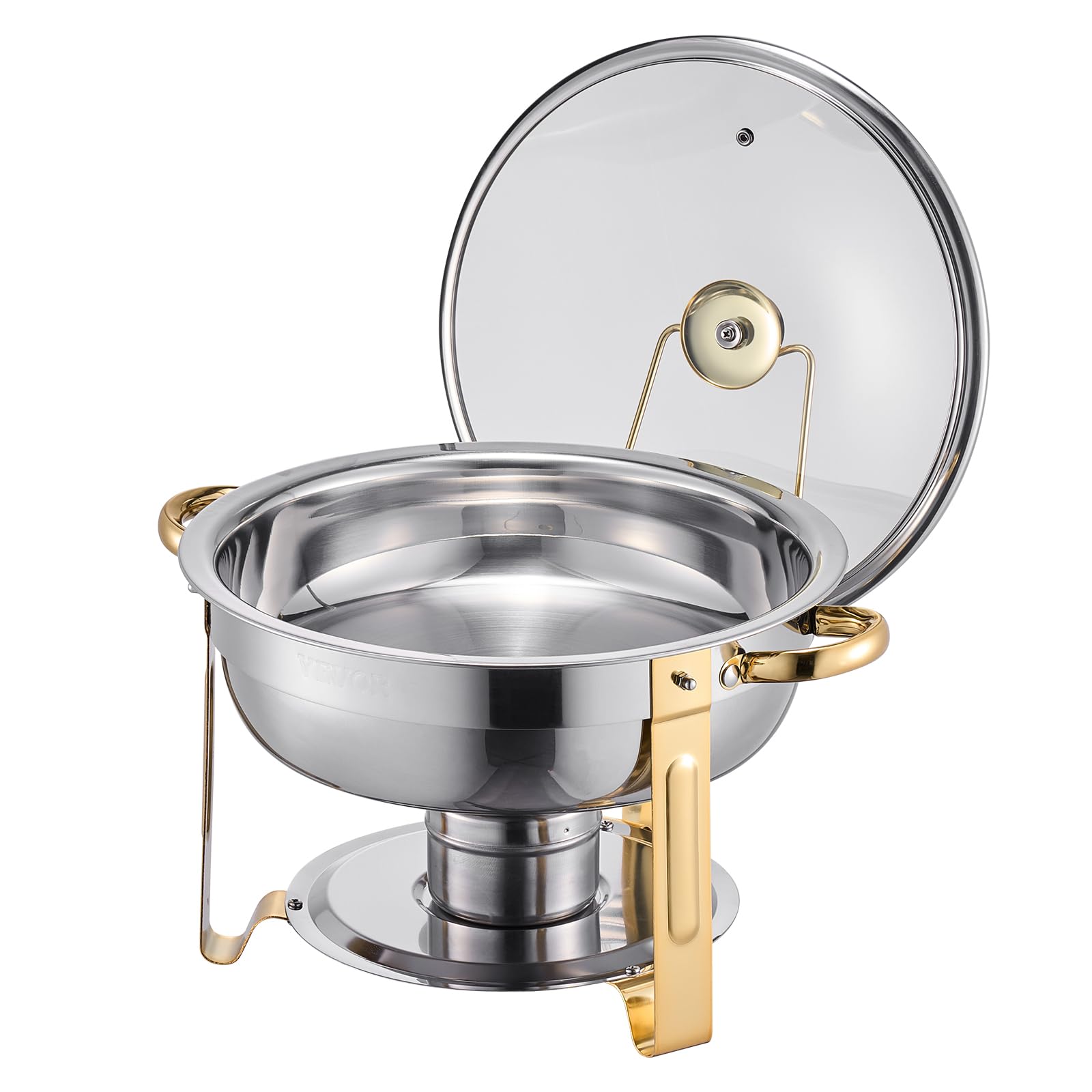 VEVOR Chafing Dish Buffet Set, 5 Qt 4 Pack, Stainless Steel Chafer with 4 Full Size Pan, Round Catering Warmer Server with Glass Lid Water Pan Folding Stand Fuel Holder, for Wedding Banquet, Gold - Image 4