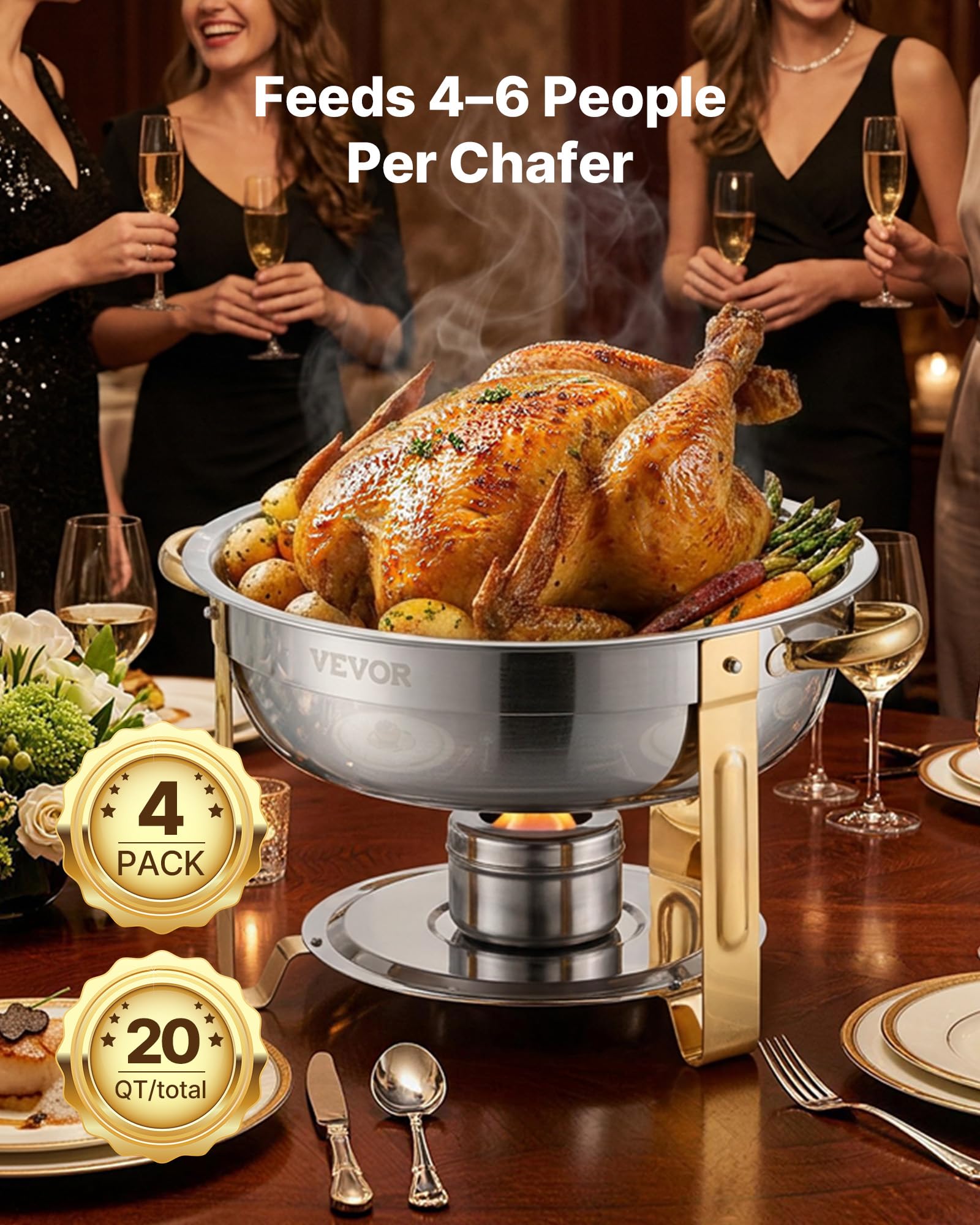 VEVOR Chafing Dish Buffet Set, 5 Qt 4 Pack, Stainless Steel Chafer with 4 Full Size Pan, Round Catering Warmer Server with Glass Lid Water Pan Folding Stand Fuel Holder, for Wedding Banquet, Gold - Image 5