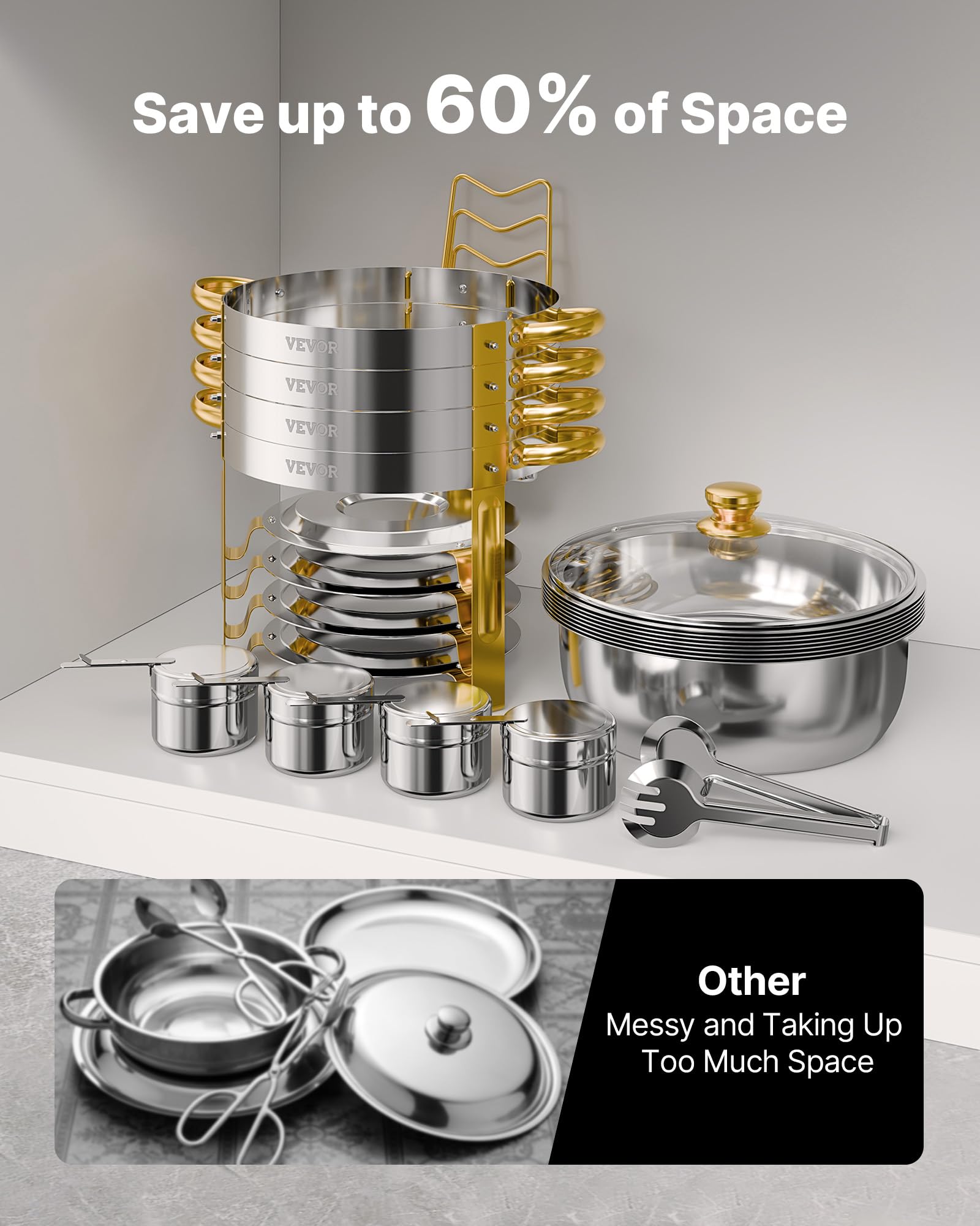 VEVOR Chafing Dish Buffet Set, 5 Qt 4 Pack, Stainless Steel Chafer with 4 Full Size Pan, Round Catering Warmer Server with Glass Lid Water Pan Folding Stand Fuel Holder, for Wedding Banquet, Gold - Image 6