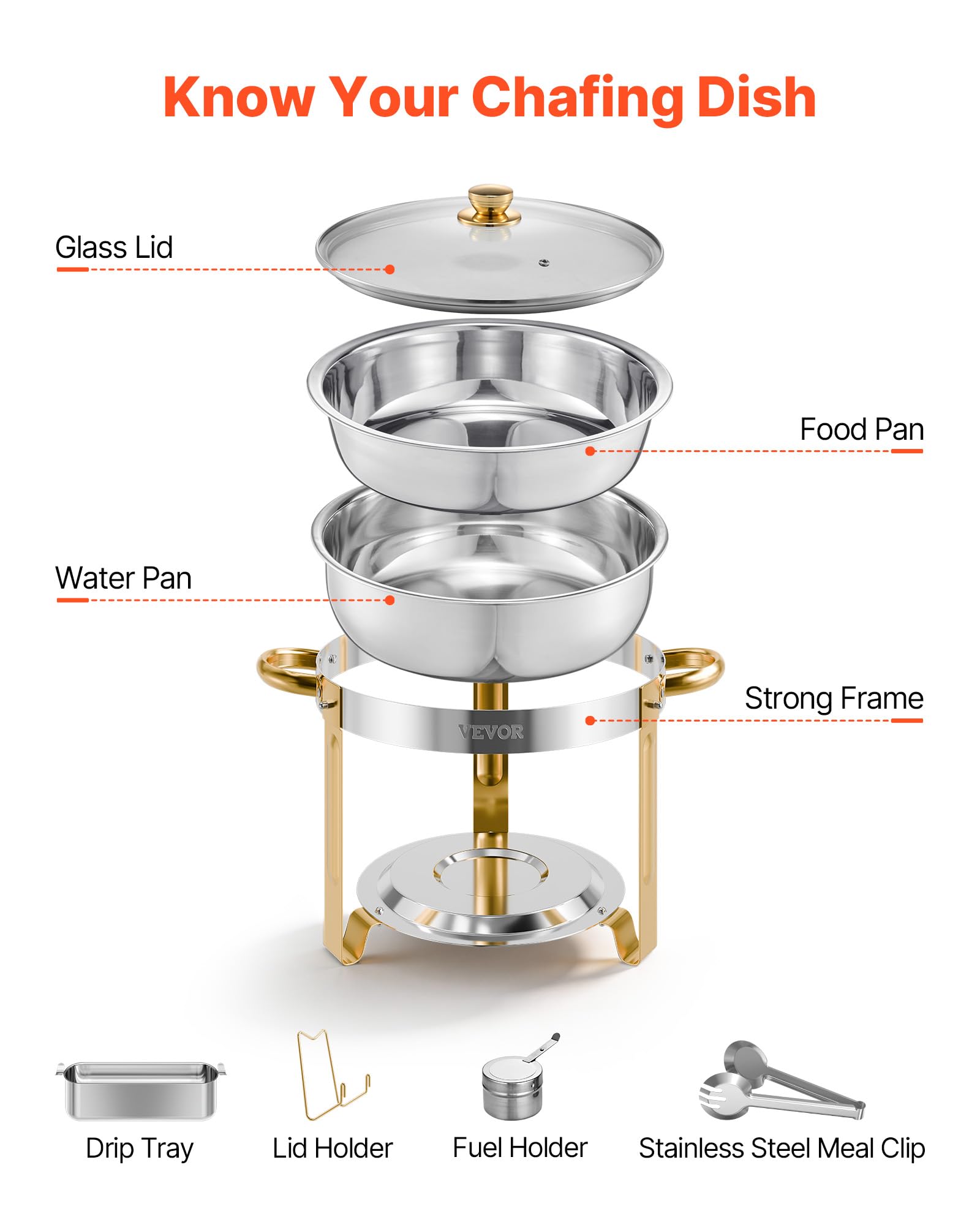 VEVOR Chafing Dish Buffet Set, 5 Qt 4 Pack, Stainless Steel Chafer with 4 Full Size Pan, Round Catering Warmer Server with Glass Lid Water Pan Folding Stand Fuel Holder, for Wedding Banquet, Gold - Image 8