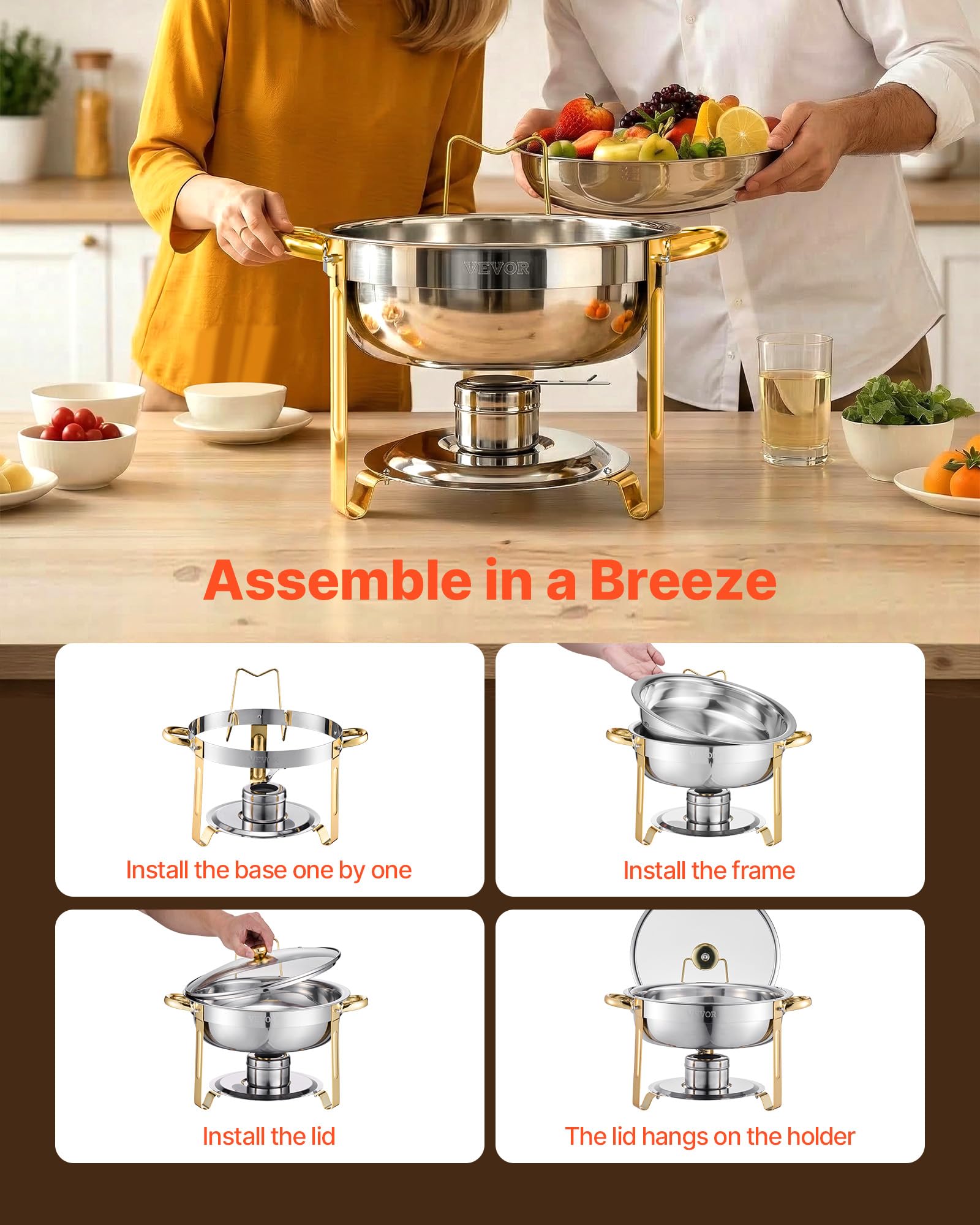VEVOR Chafing Dish Buffet Set, 5 Qt 4 Pack, Stainless Steel Chafer with 4 Full Size Pan, Round Catering Warmer Server with Glass Lid Water Pan Folding Stand Fuel Holder, for Wedding Banquet, Gold - Image 9