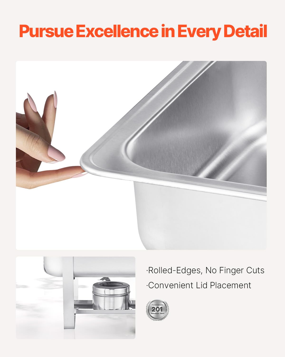 VEVOR Chafing Dish Buffet Set, 8 Qt 6 Pack, Stainless Steel Chafer with 6 Full Size Pans, Rectangle Catering Warmer Server with Lid Water Pan Stand Fuel Holder, for Weddings Parties Banquets, Silver - Image 3