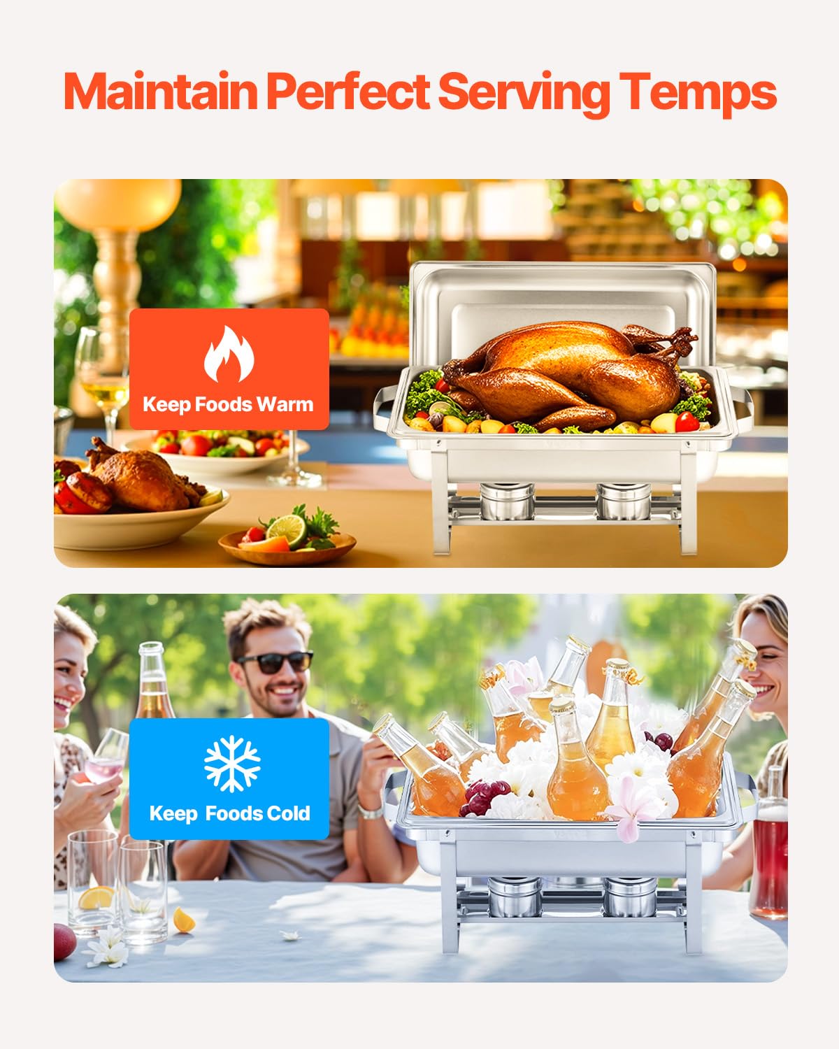 VEVOR Chafing Dish Buffet Set, 8 Qt 6 Pack, Stainless Steel Chafer with 6 Full Size Pans, Rectangle Catering Warmer Server with Lid Water Pan Stand Fuel Holder, for Weddings Parties Banquets, Silver - Image 4