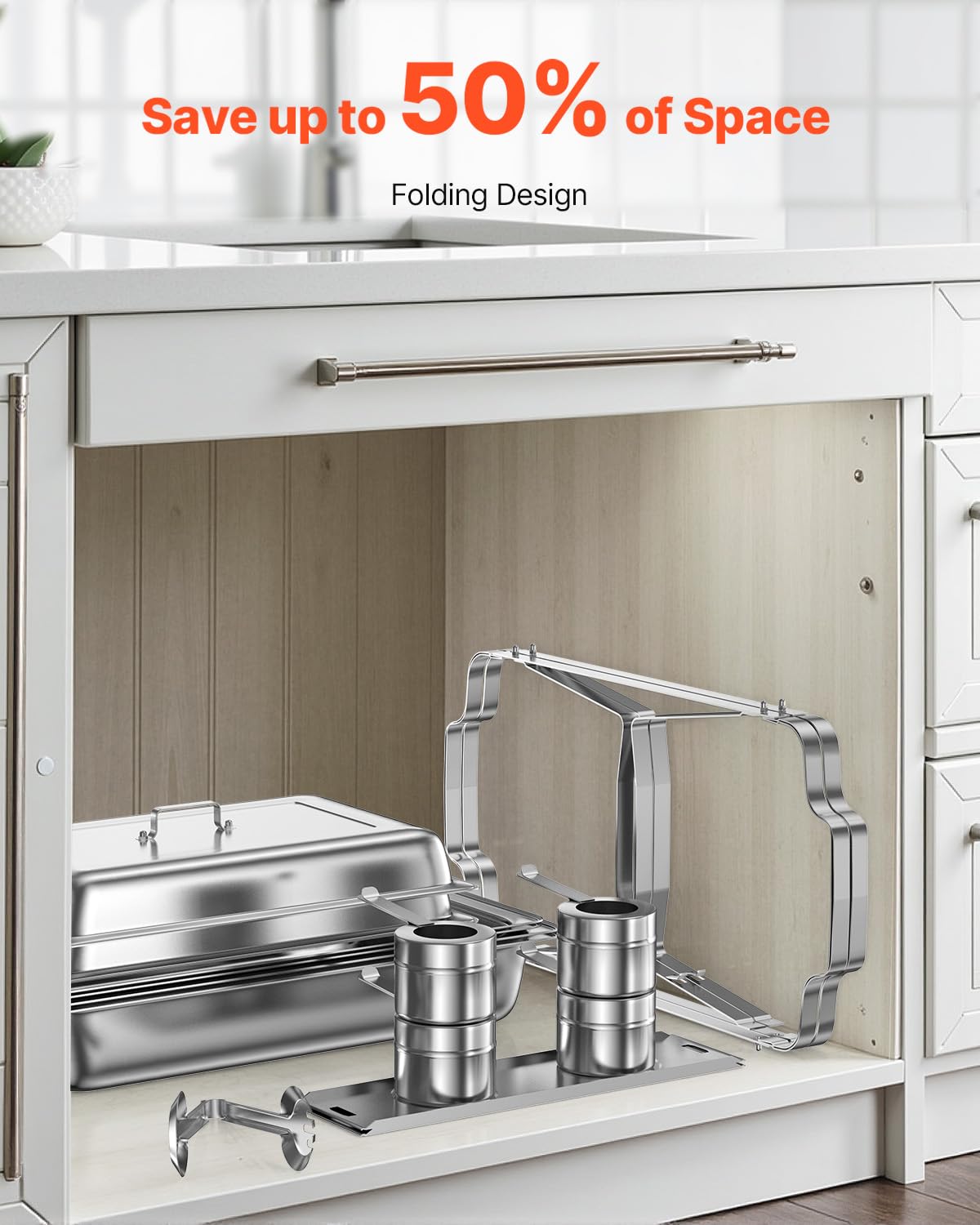 VEVOR Chafing Dish Buffet Set, 8 Qt 6 Pack, Stainless Steel Chafer with 6 Full Size Pans, Rectangle Catering Warmer Server with Lid Water Pan Stand Fuel Holder, for Weddings Parties Banquets, Silver - Image 6