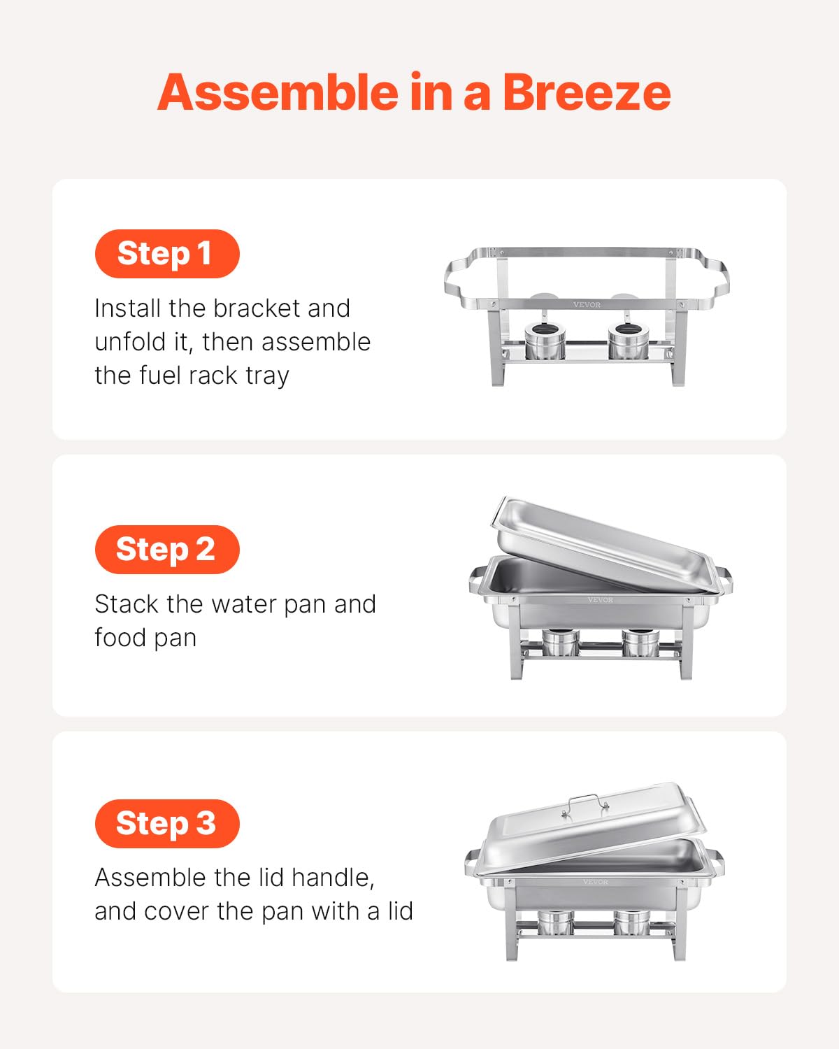 VEVOR Chafing Dish Buffet Set, 8 Qt 6 Pack, Stainless Steel Chafer with 6 Full Size Pans, Rectangle Catering Warmer Server with Lid Water Pan Stand Fuel Holder, for Weddings Parties Banquets, Silver - Image 7