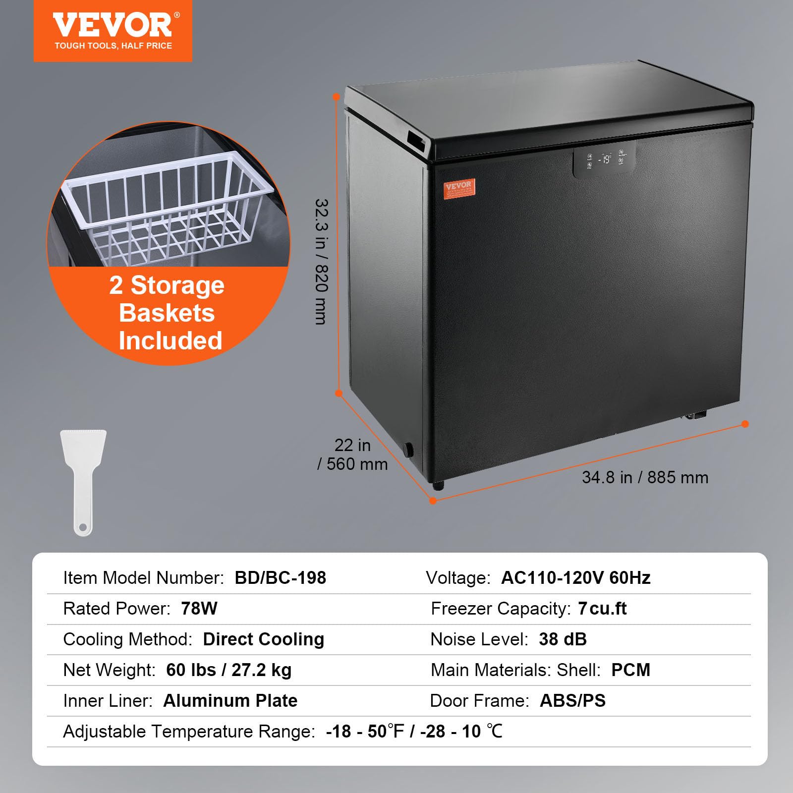 VEVOR Chest Freezer, 7 Cu.ft / 198 L Compact Deep Freezer, Free Standing Top Open Door Compact Freezers with 2 Removable Baskets & Adjustable Thermostat, Energy Saving & Low Noise, Black - Image 7