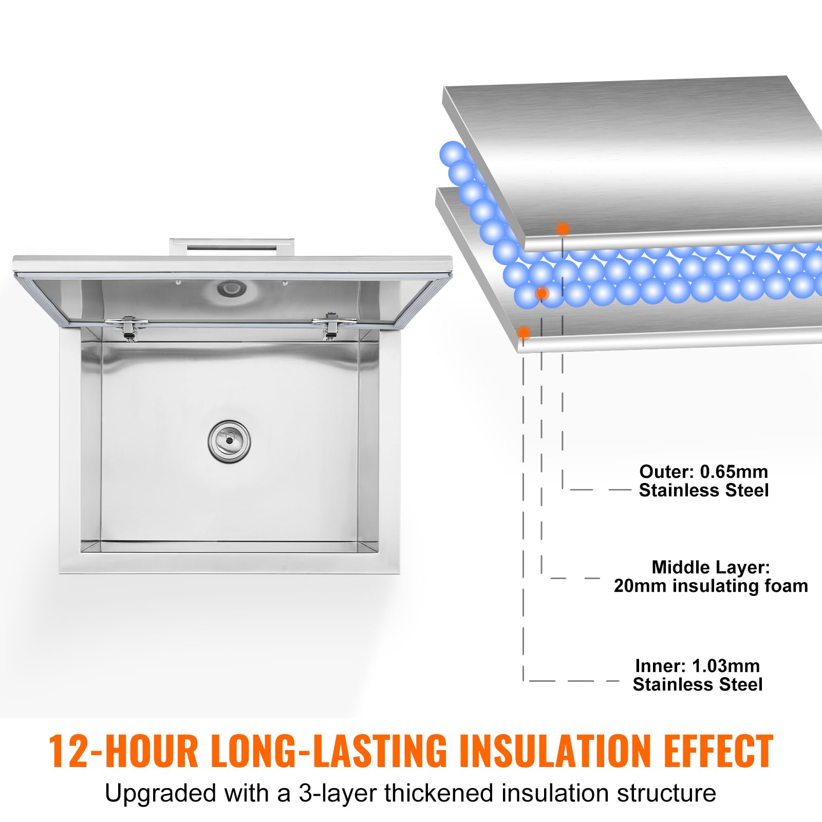 VEVOR Commercial Ice Bin, 125 lbs Portable Ice Caddy, Insulated Ice Carrier with 4 Wheels and Flip Lid, Large Ice Bin for Catering, Kitchens, Bistros, Restaurants, and Bars - Image 3