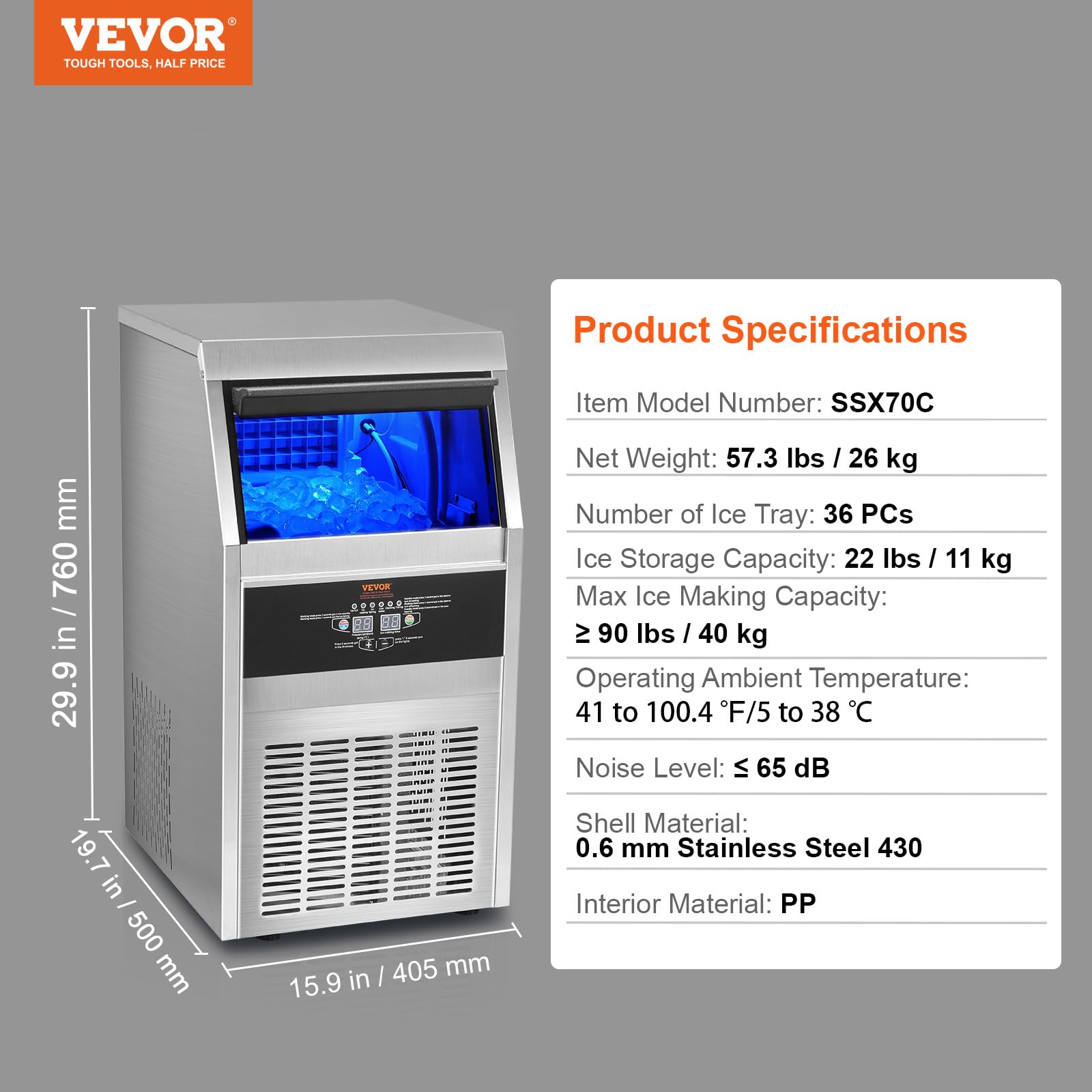 VEVOR Commercial Ice Maker 10 Pound Ice Maker 22 Pounds Storage Capacity 36 ICES 12-15 Sq. 90LBS/2 4H - Image 7