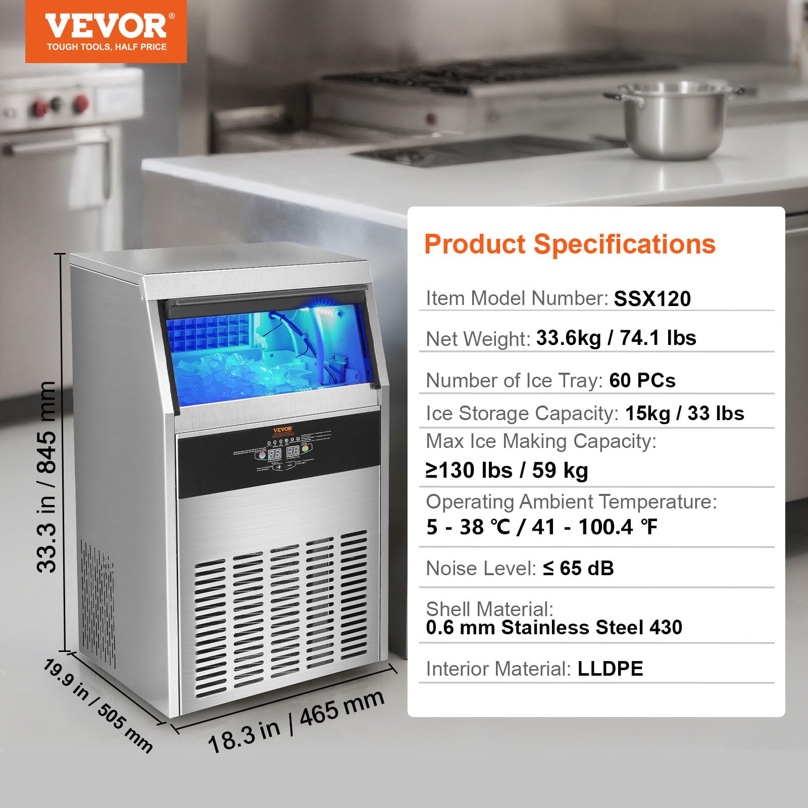 VEVOR Commercial Ice Maker, 130lbs/24H, Ice Maker Machine, 60 Ice Cubes in 12-15 Minutes, Freestanding Cabinet Ice Maker with 33lbs Storage Capacity LED Digital Display, for Bar Home Office Restaurant - Image 7