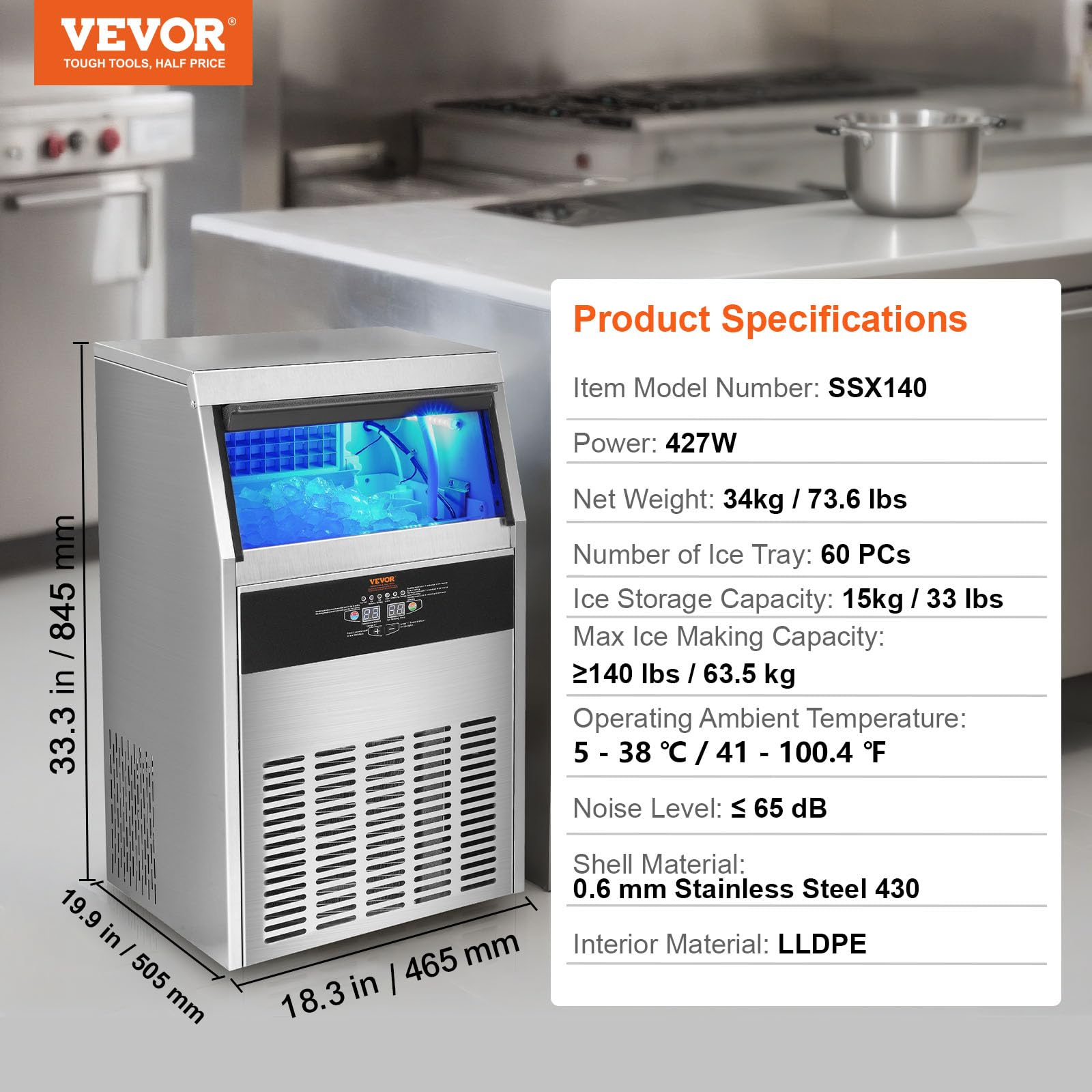 VEVOR Commercial Ice Maker, 140lbs/24H, Ice Maker Machine, 60 Ice Cubes in 12-15 Minutes, Freestanding Cabinet Ice Maker with 33lbs Storage Capacity LED Digital Display, for Bar Home Office Restaurant - Image 7
