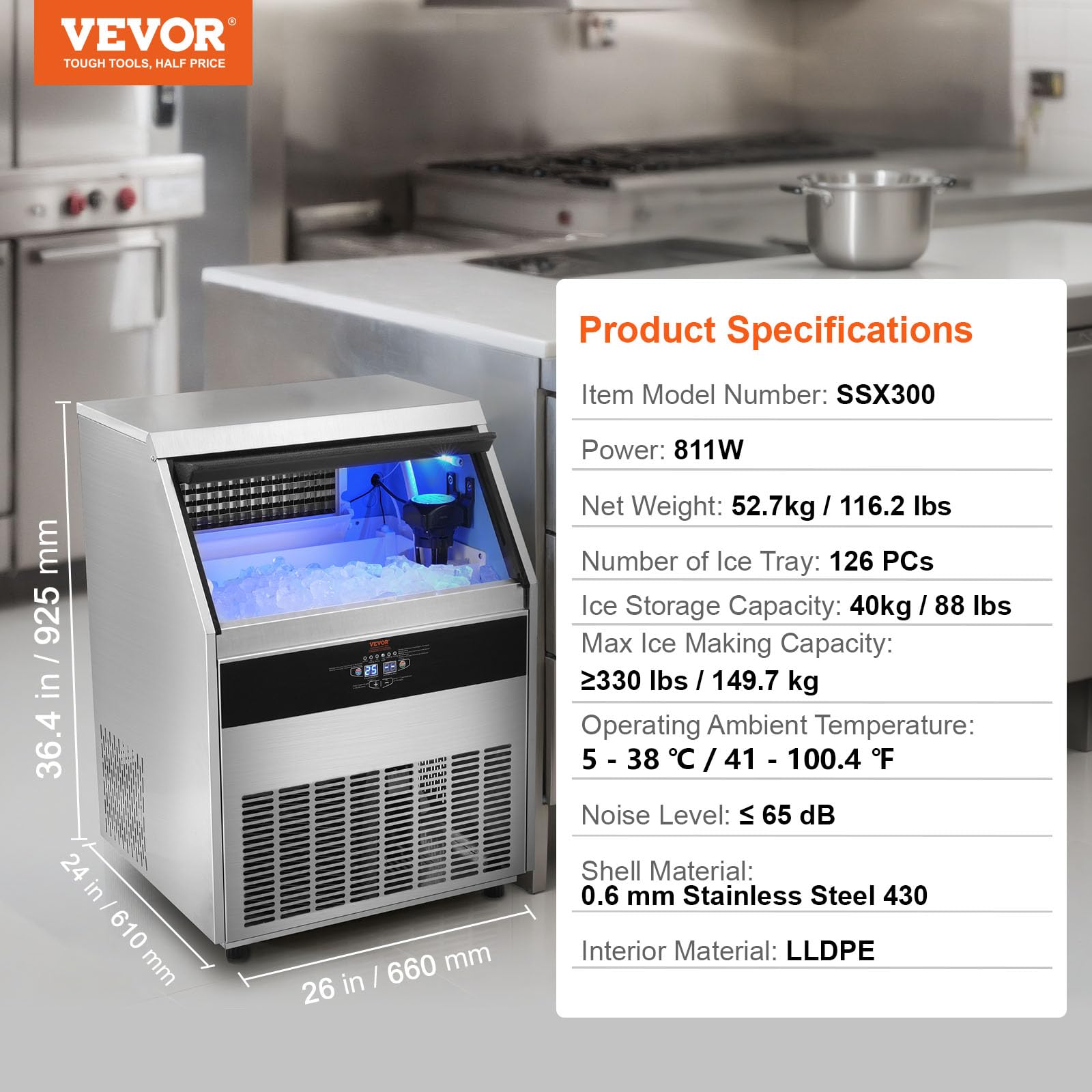 VEVOR Commercial Ice Maker Machine, 330lbs/24H Ice Maker Machine with 88lbs Storage Capacity, 126 Ice Cubes in 12-15 Minutes, LED Digital Display Commercial Ice Maker for Bar Home Restaurant, Silver - Image 7