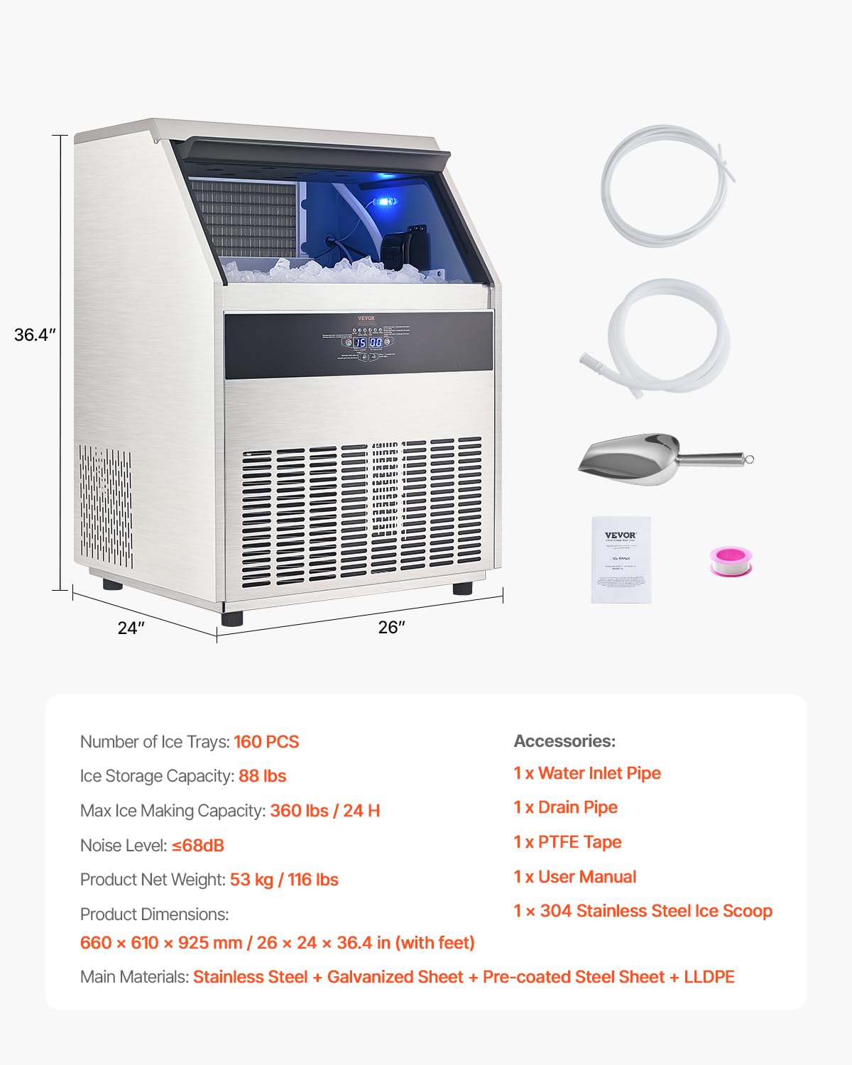 VEVOR Commercial Ice Maker Machine, 360lbs/24H Ice Maker Machine with 88lbs Storage Capacity, 160 Ice Cubes in 15 Minutes, LED Digital Display Freestanding Self-Cleaning for Bar Office Restaurant - Image 7