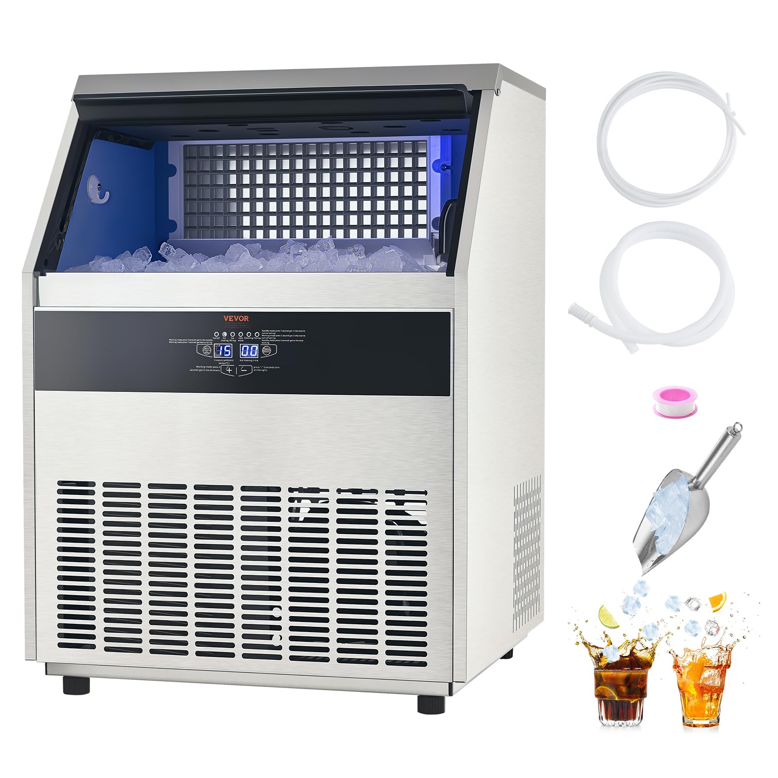 VEVOR Commercial Ice Maker Machine, 360lbs/24H Ice Maker Machine with 88lbs Storage Capacity, 160 Ice Cubes in 15 Minutes, LED Digital Display Freestanding Self-Cleaning for Bar Office Restaurant - Image 9