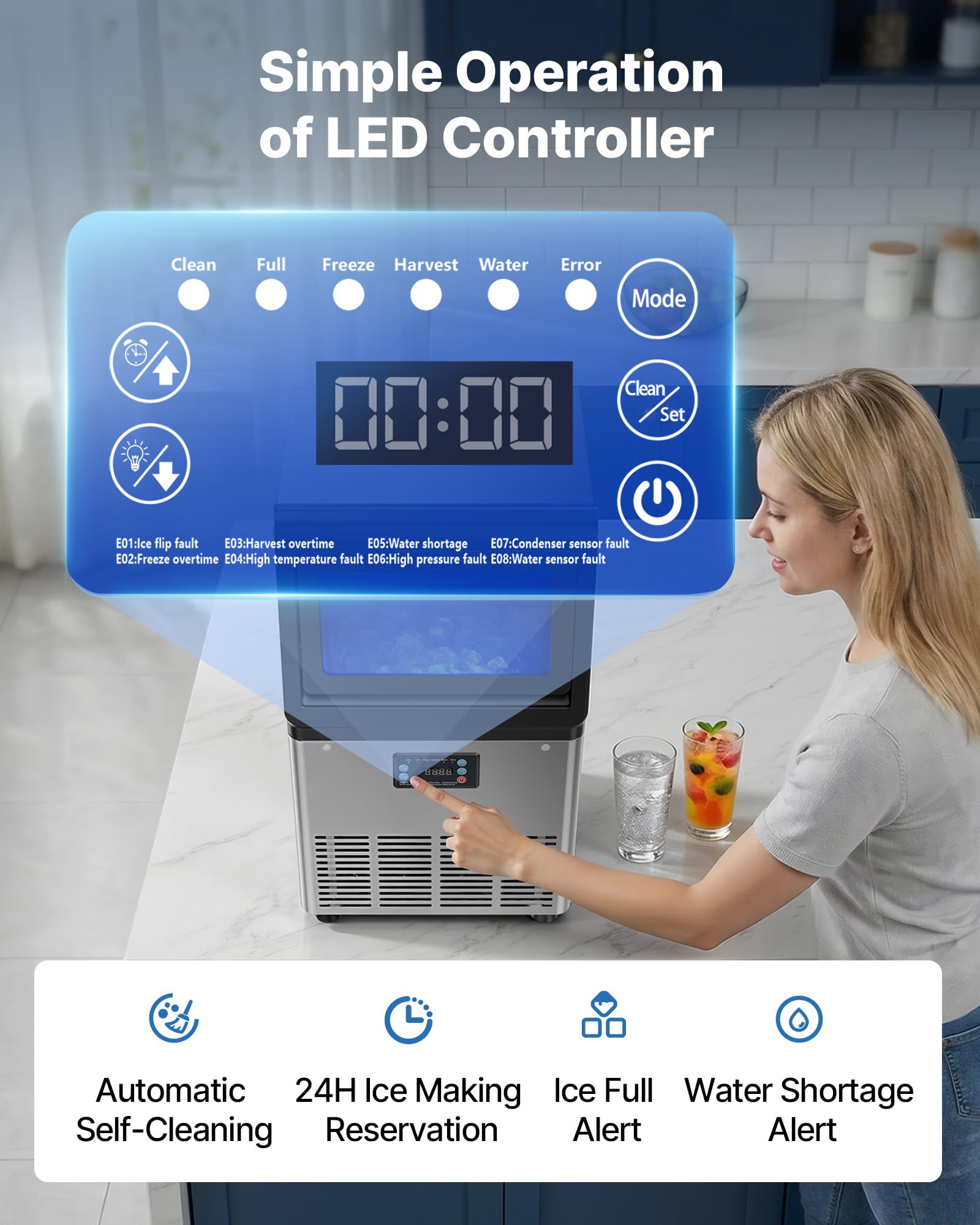 VEVOR Commercial Ice Maker Machine, 80 lbs/24h with 13 lbs Storage Capacity, Countertop/Freestanding/Under Counter, Stainless Steel Ice Maker with LED Display & Self-Cleaning, for Home Bar Restaurant - Image 5