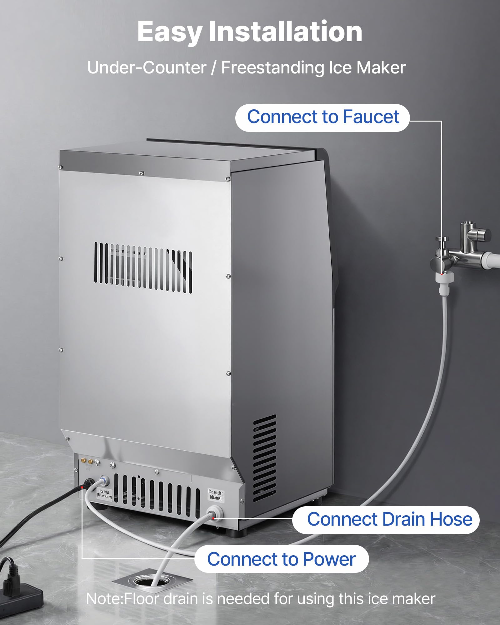 VEVOR Commercial Ice Maker Machine, 80 lbs/24h with 13 lbs Storage Capacity, Countertop/Freestanding/Under Counter, Stainless Steel Ice Maker with LED Display & Self-Cleaning, for Home Bar Restaurant - Image 6