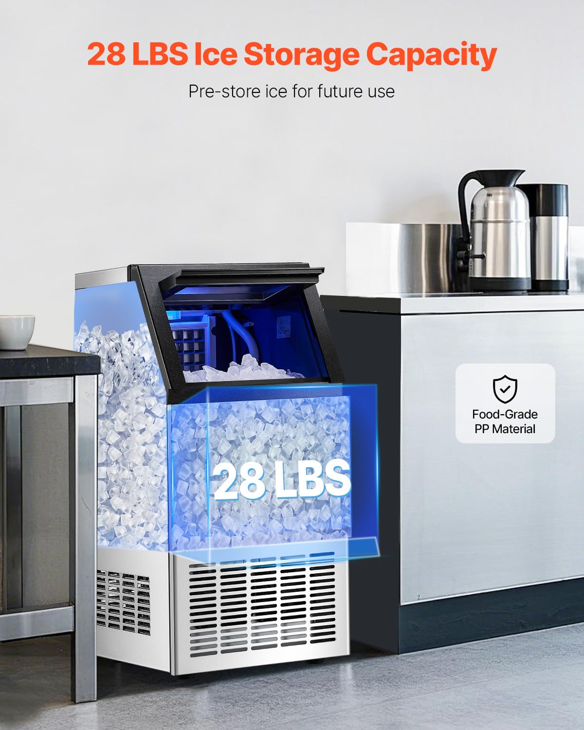 VEVOR Commercial Ice Maker Machine, 80lbs/24H Ice Maker Machine with 28lbs Storage Capacity, 40 Ice Cubes in 15 Minutes, LED Digital Display Freestanding Self-Cleaning for Bar Office Restaurant - Image 3