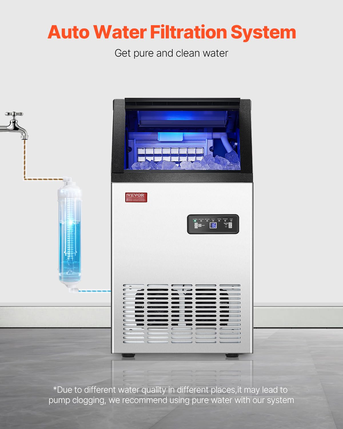 VEVOR Commercial Ice Maker Machine, 80lbs/24H Ice Maker Machine with 28lbs Storage Capacity, 40 Ice Cubes in 15 Minutes, LED Digital Display Freestanding Self-Cleaning for Bar Office Restaurant - Image 4
