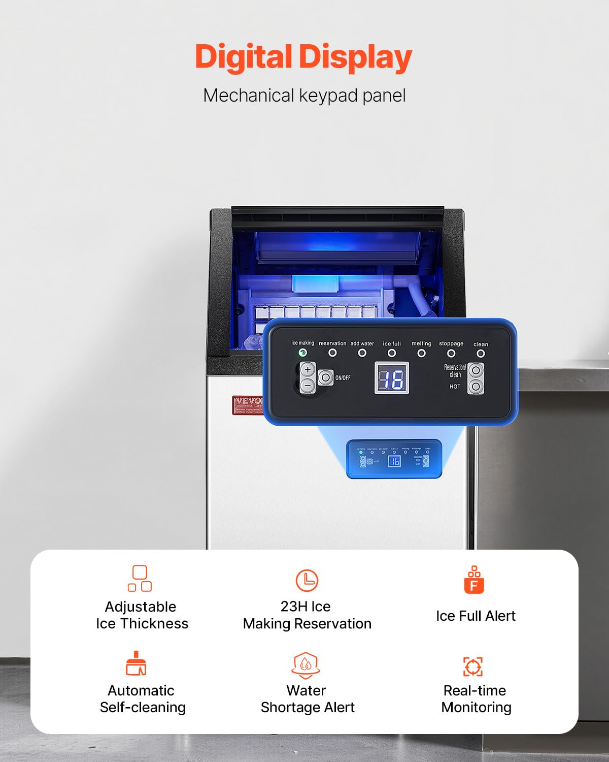 VEVOR Commercial Ice Maker Machine, 80lbs/24H Ice Maker Machine with 28lbs Storage Capacity, 40 Ice Cubes in 15 Minutes, LED Digital Display Freestanding Self-Cleaning for Bar Office Restaurant - Image 5