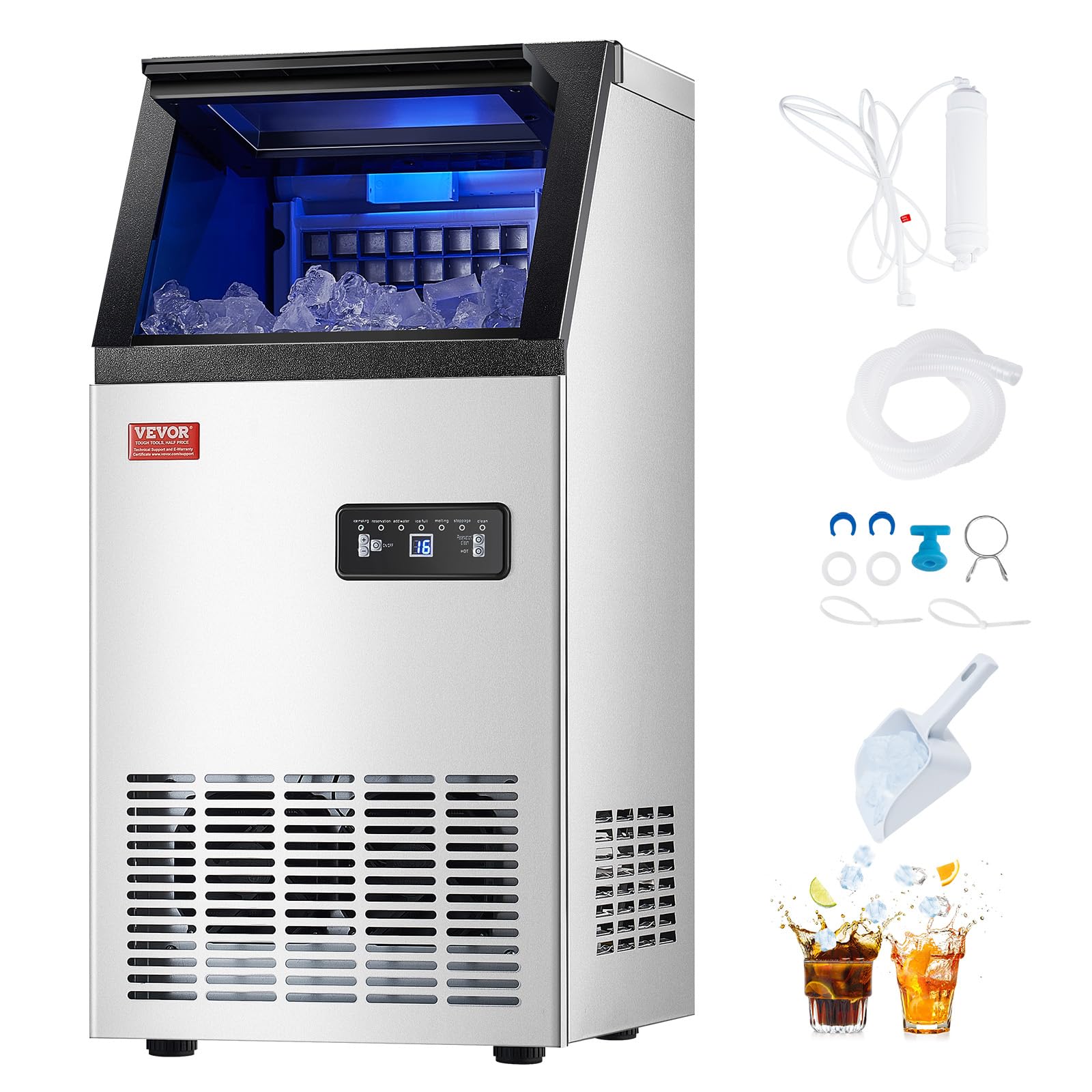 VEVOR Commercial Ice Maker Machine, 80lbs/24H Ice Maker Machine with 28lbs Storage Capacity, 40 Ice Cubes in 15 Minutes, LED Digital Display Freestanding Self-Cleaning for Bar Office Restaurant - Image 9