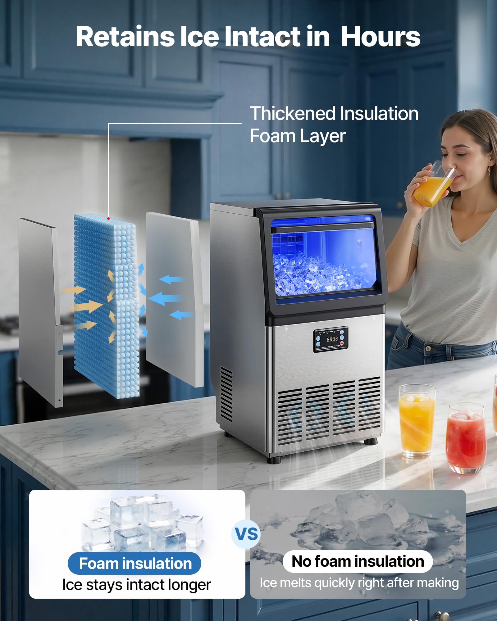 VEVOR Commercial Ice Maker Machine, 90 lbs/24h with 13 lbs Storage Capacity, Countertop/Freestanding/Under Counter, Stainless Steel Ice Maker with LED Display & Self-Cleaning, for Home Bar Restaurant - Image 3