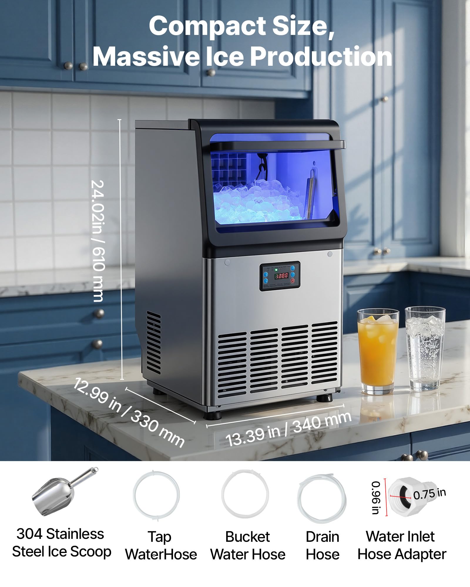 VEVOR Commercial Ice Maker Machine, 90 lbs/24h with 13 lbs Storage Capacity, Countertop/Freestanding/Under Counter, Stainless Steel Ice Maker with LED Display & Self-Cleaning, for Home Bar Restaurant - Image 7