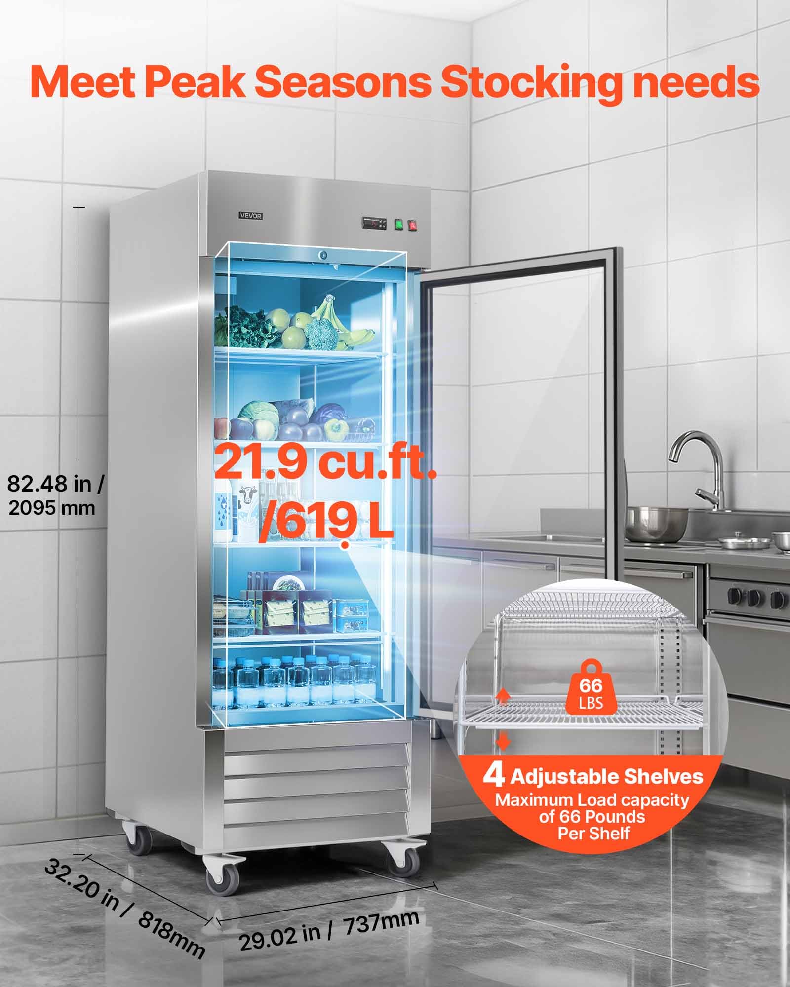 VEVOR Commercial Reach-In Refrigerator 29" W, 22 Cu.Ft Stainless Steel Upright Refrigerator with Single Glass Door, Auto-Defrost, 4 Adjustable Shelves, 32 to 50℉ Temp Control, ETL Certified - Image 4
